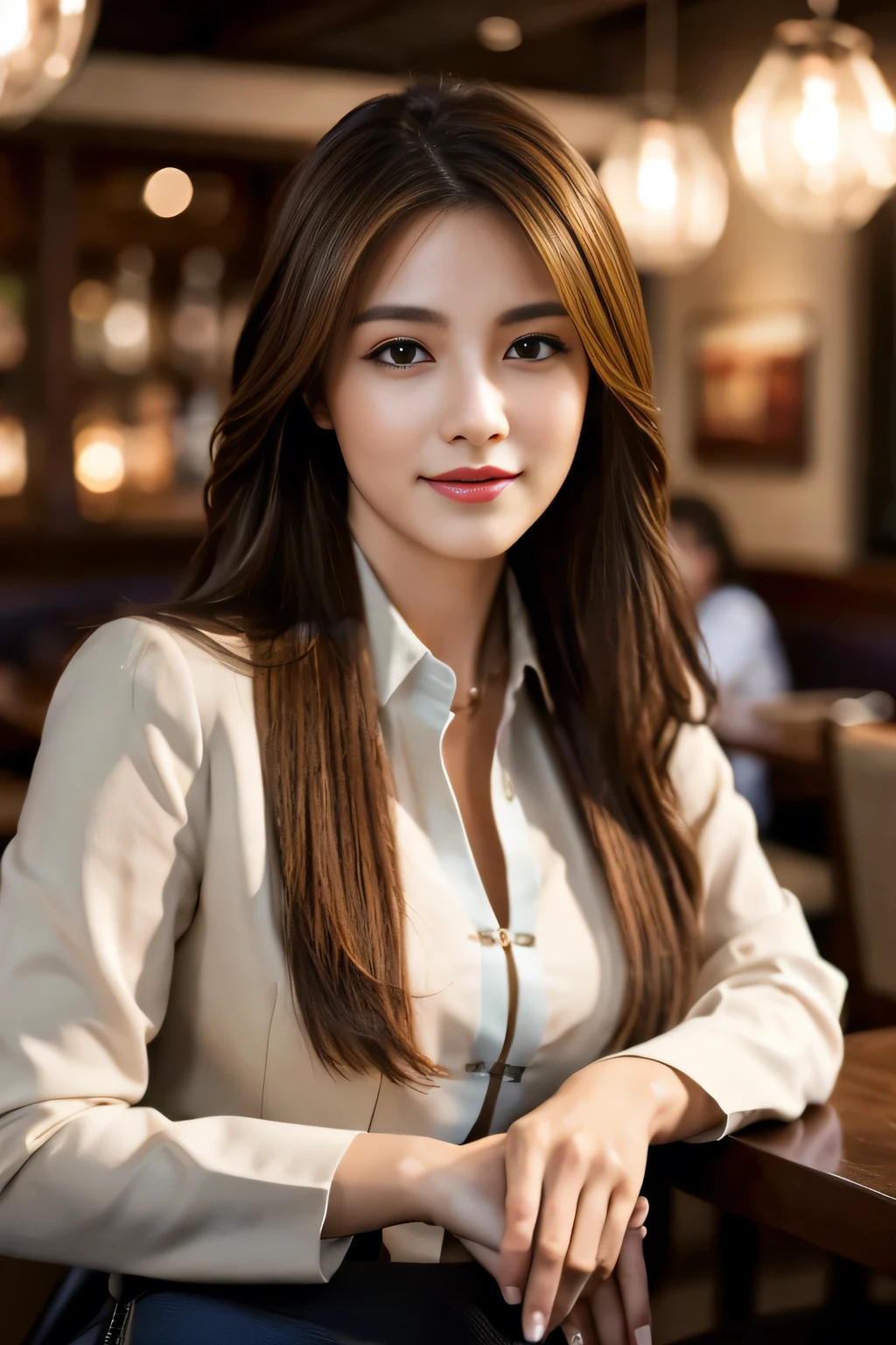 masterpiece, highest quality, Realistic, Very detailed, Finer details, High resolution, 8k wallpaper, One beautiful woman, Wear casual business attire, In a great restaurant, At night, Light brown messy hair, Perfect dynamic composition, Beautiful and beautiful eyes
