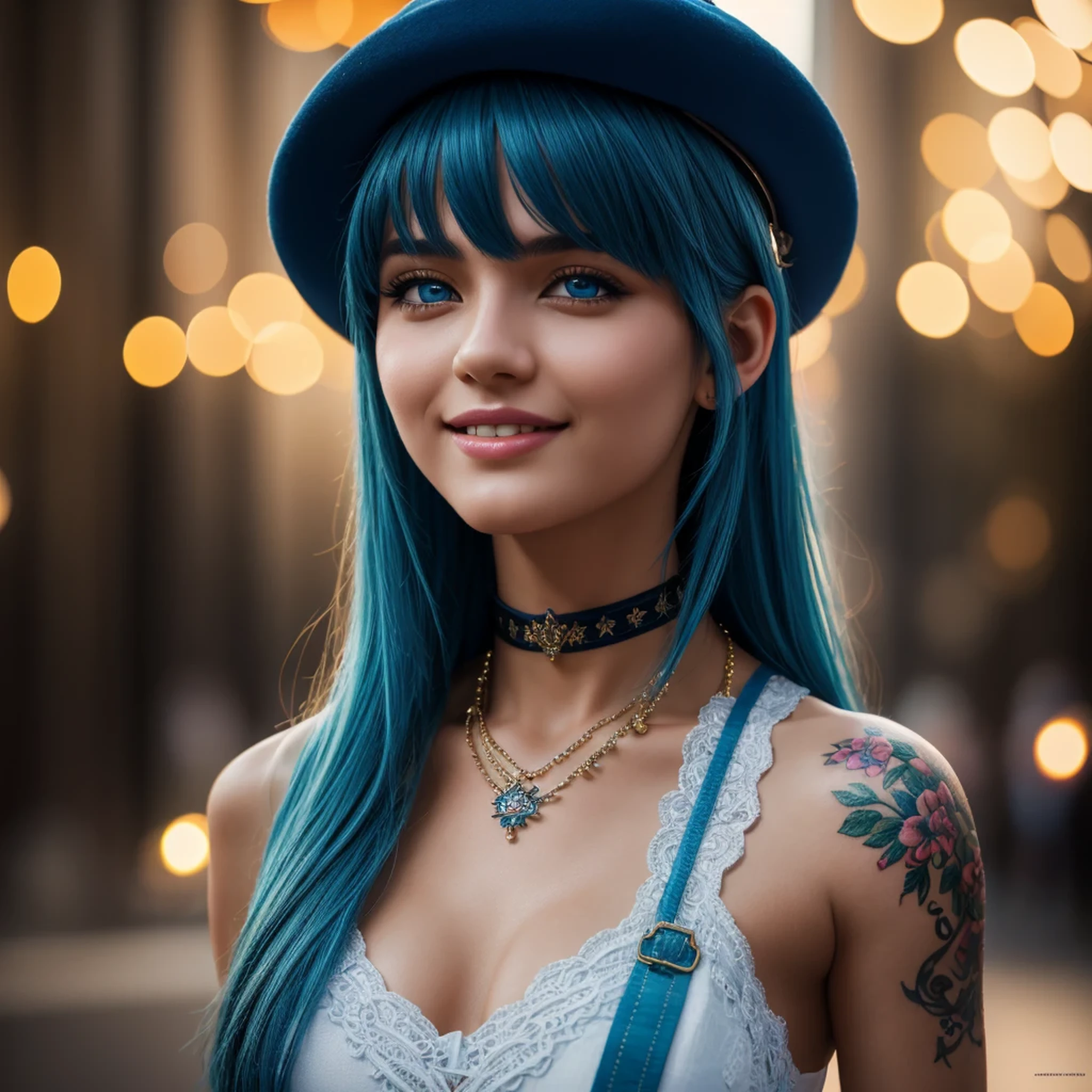 Masterpiece, best quality, high quality, very detailed CG uniform 8k wallpaper, 1girl, solo, blue hair, tattoo, short hair, hat, jewelry, smile, necklace, looking at the audience, hat, realistic, open mouth, teeth, upper body, vest, nose, bare shoulders, artist name, black tiara, collarbone, arm tattoo, blue eyes, lips, blur, oil painting, award winning photography, bokeh, depth of field, HDR, bloom, chromatic aberration, realism, very detailed, artstation Intricate, High Detail, dramatic, art by midjourney