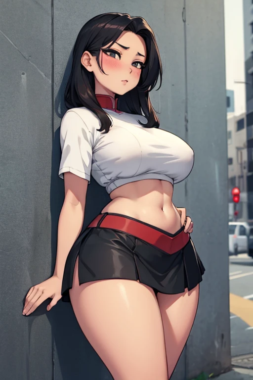 a hot asian girl with big and wide hips wearing a tiny skirt and leaning on a wall sedusively and blushing