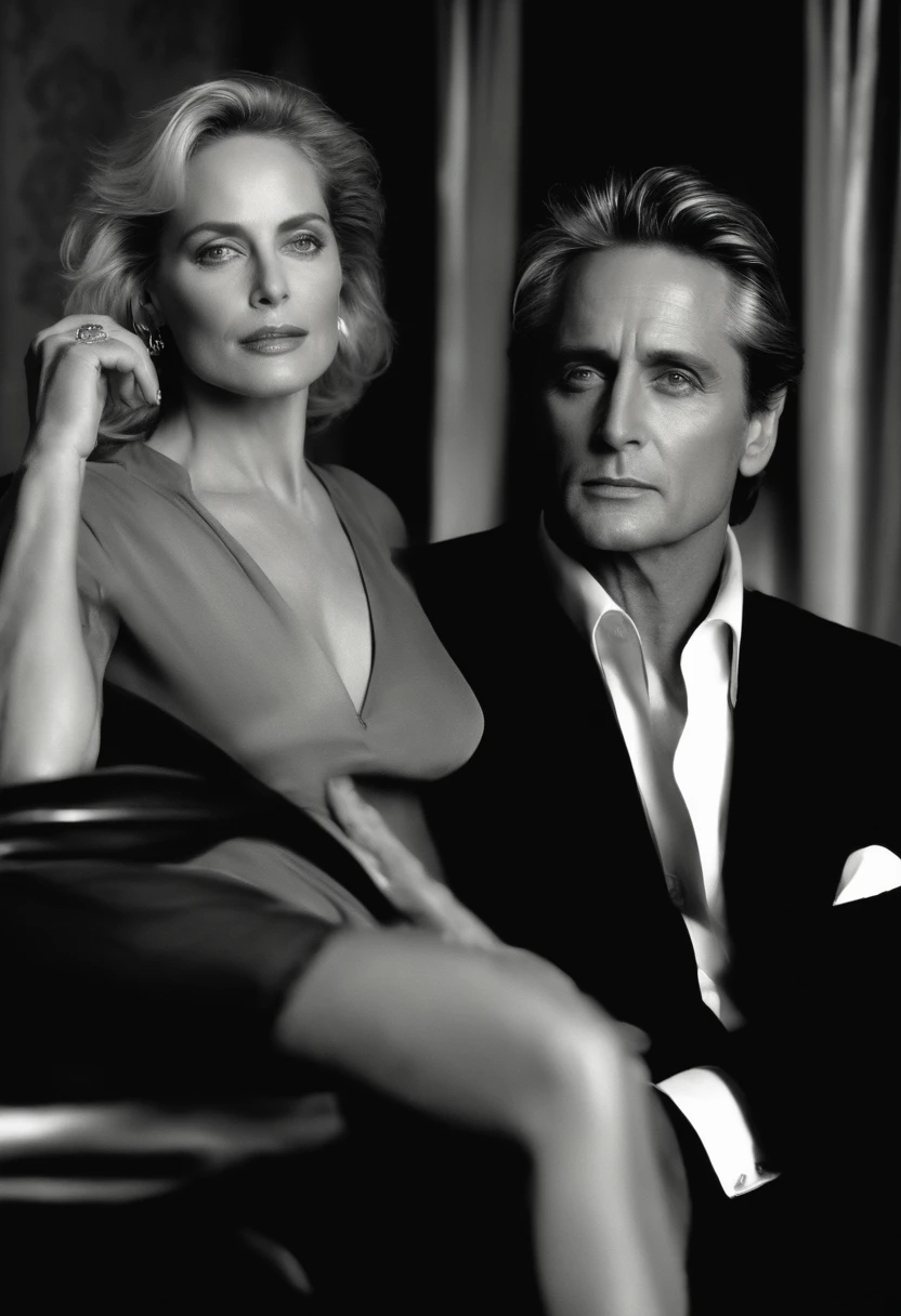 1dilf Michael Douglas and 1milf Sharon Stone, basic instinct, Hollywood celeb, bedroom, Michael Douglas as "Detective Nick Curran", Sharon Stone as "Catherine Tramell", Detective Nick Curran from the film "basic instinct", Catherine Tramell from the film "basic instinct", hyperrealistic