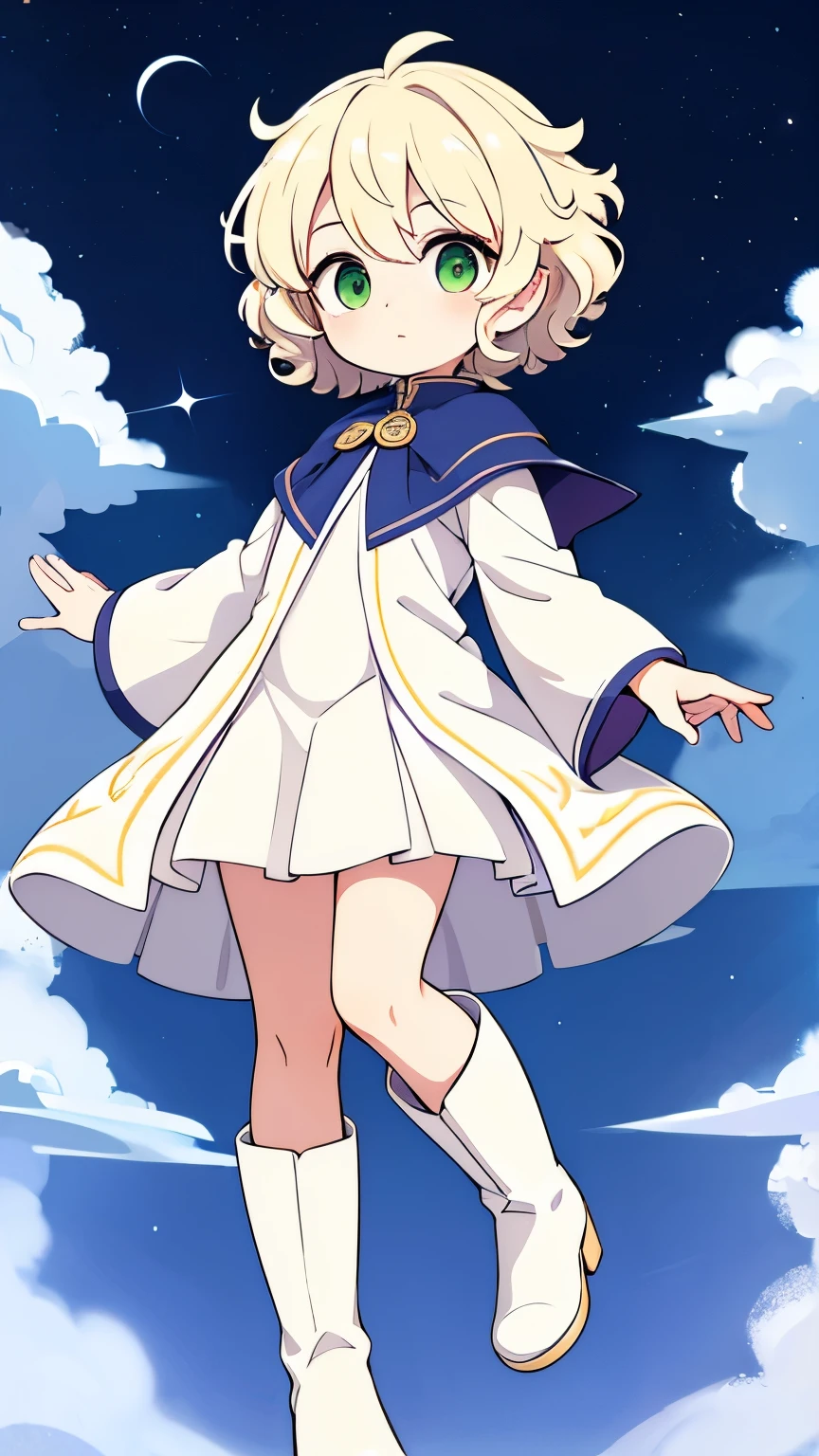 Unknown gender,Age unknown,Platinum blonde curly short hair,Yellow-green eyes,White clothes,Boots underfoot,Holding out his hand, he casts a spell,Flying in the sky,Wizard