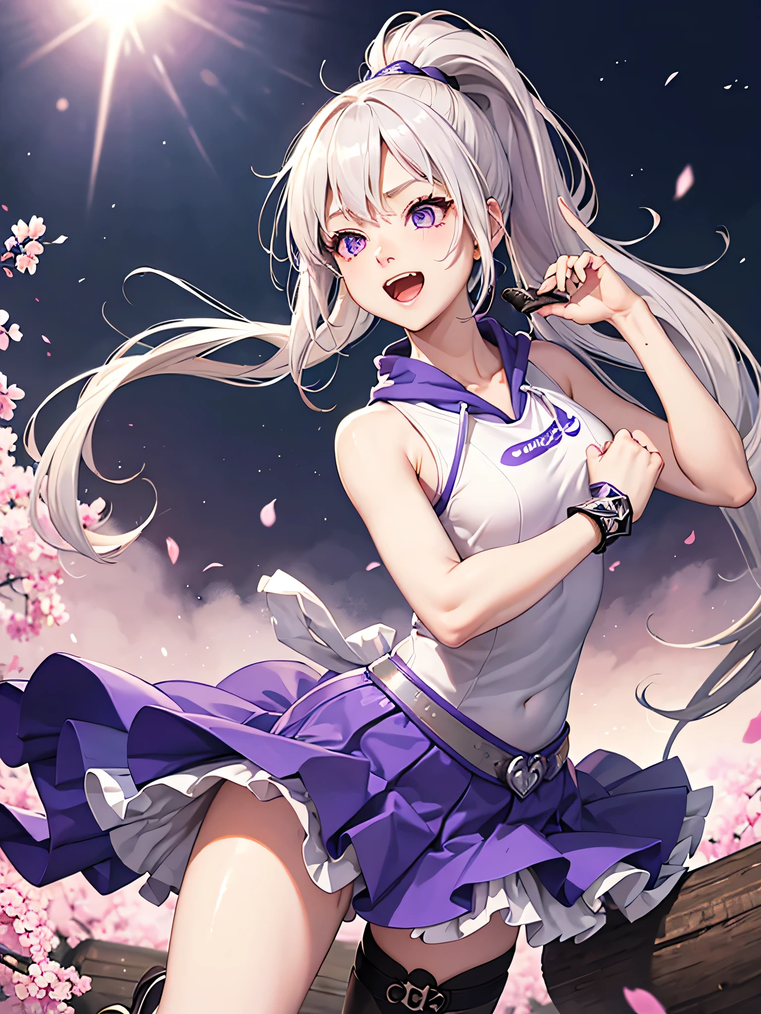 highest quality、Realistic、Women、Japanese、zoom、look up、cute、Invincible laughter、Purple eyes、Platinum Blonde Hair、long ponytail、tooth、Big Bat Wing、、Sword in one hand、White sleeveless hoodie、mini skirt、slender、Small breasts