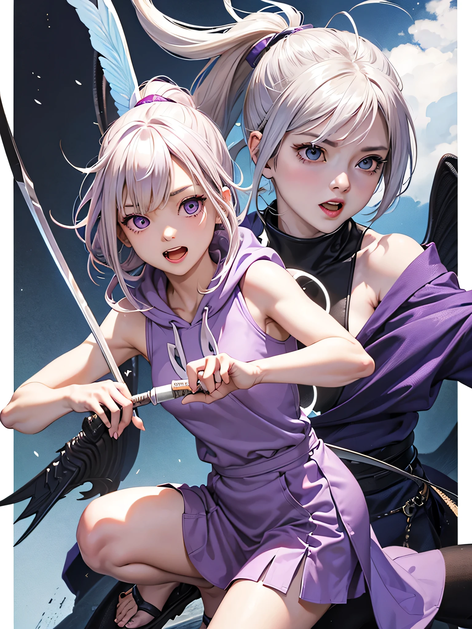 highest quality、Realistic、Women、Japanese、zoom、look up、cute、Invincible laughter、Purple eyes、Platinum Blonde Hair、long ponytail、tooth、Big Bat Wing、、Sword in one hand、White sleeveless hoodie、mini skirt、slender、Small breasts