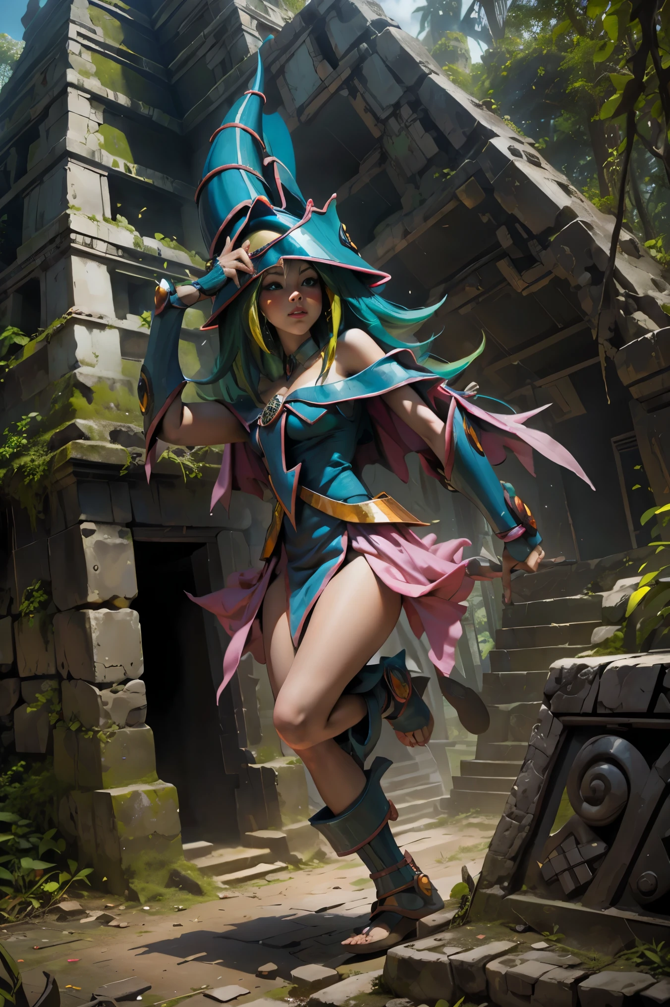 Hermosa dark magician gils. She is in the Mayan jungle. En medio de las ruinas mayas de Tikal.