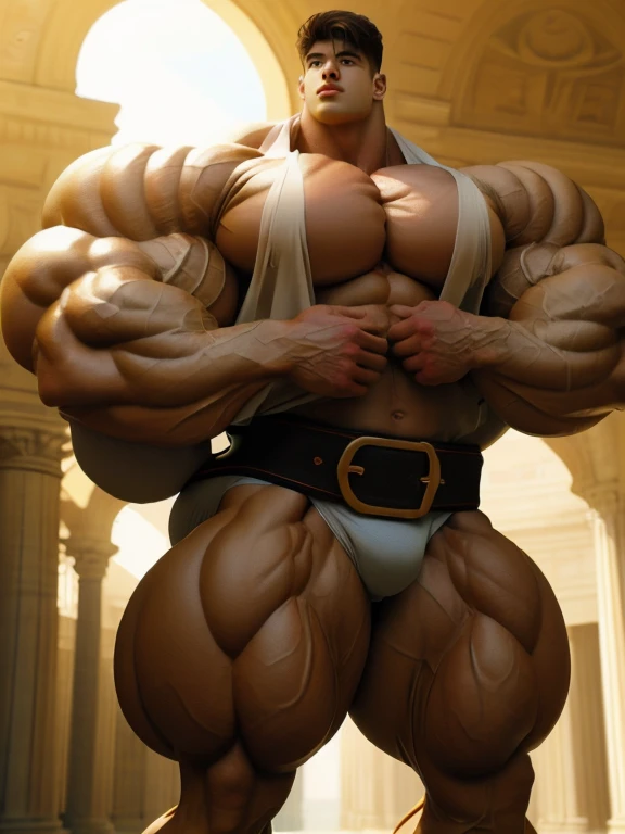 1boy, giant, model shoot style, looking at viewer, standing, illuminating light, golden hour, outdoor, strong body, bulk, swollen, buff body, large size, wide pecs, huge arms, vascular, posing, in the coliseum arena, belt, majestic underpants, prominent bulge, brutalmass