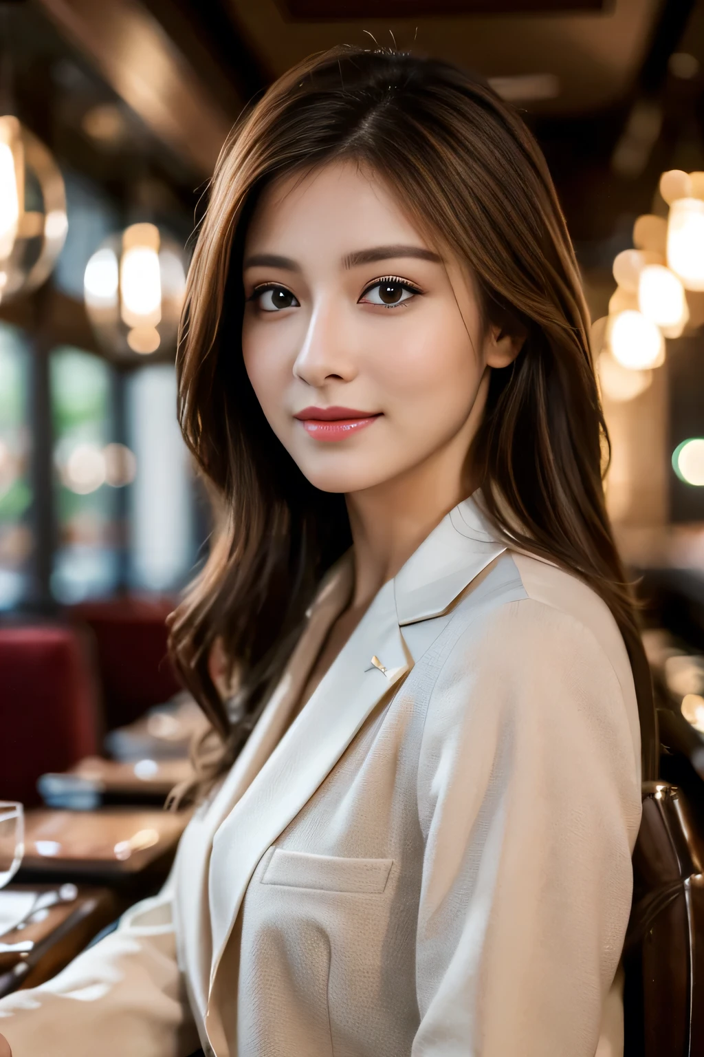 masterpiece, highest quality, Realistic, Very detailed, Finer details, High resolution, 8k wallpaper, One beautiful woman, Wear casual business attire, In a great restaurant, At night, Light brown messy hair, Perfect dynamic composition, Beautiful and beautiful eyes