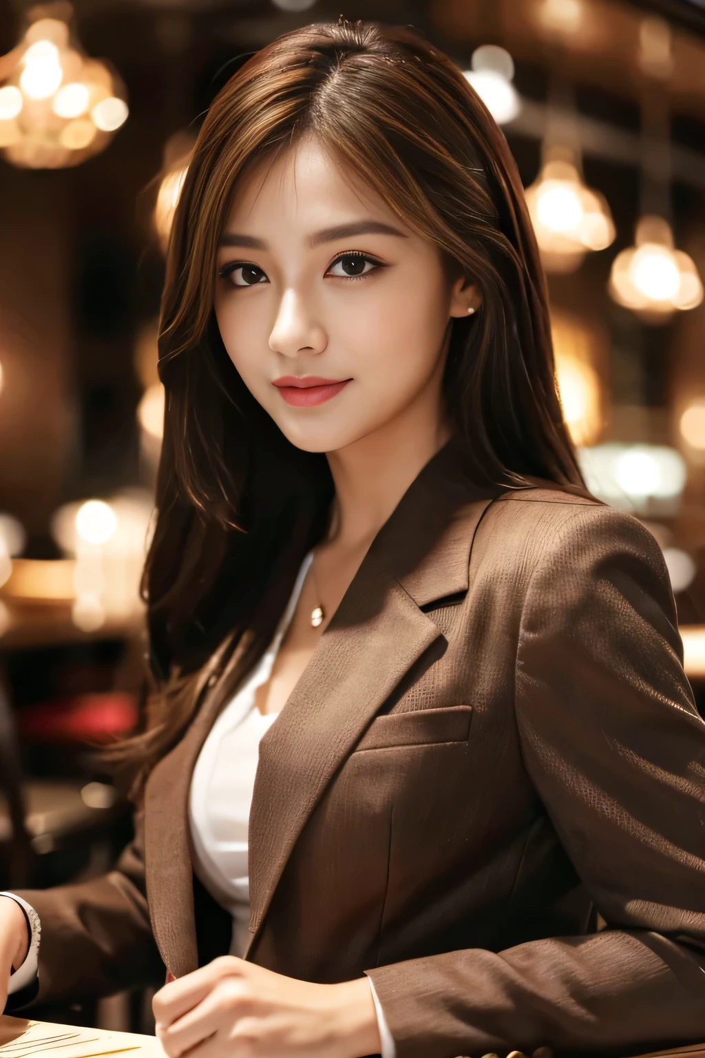 masterpiece, highest quality, Realistic, Very detailed, Finer details, High resolution, 8k wallpaper, One beautiful woman, Wear casual business attire, In a great restaurant, At night, Light brown messy hair, Perfect dynamic composition, Beautiful and beautiful eyes