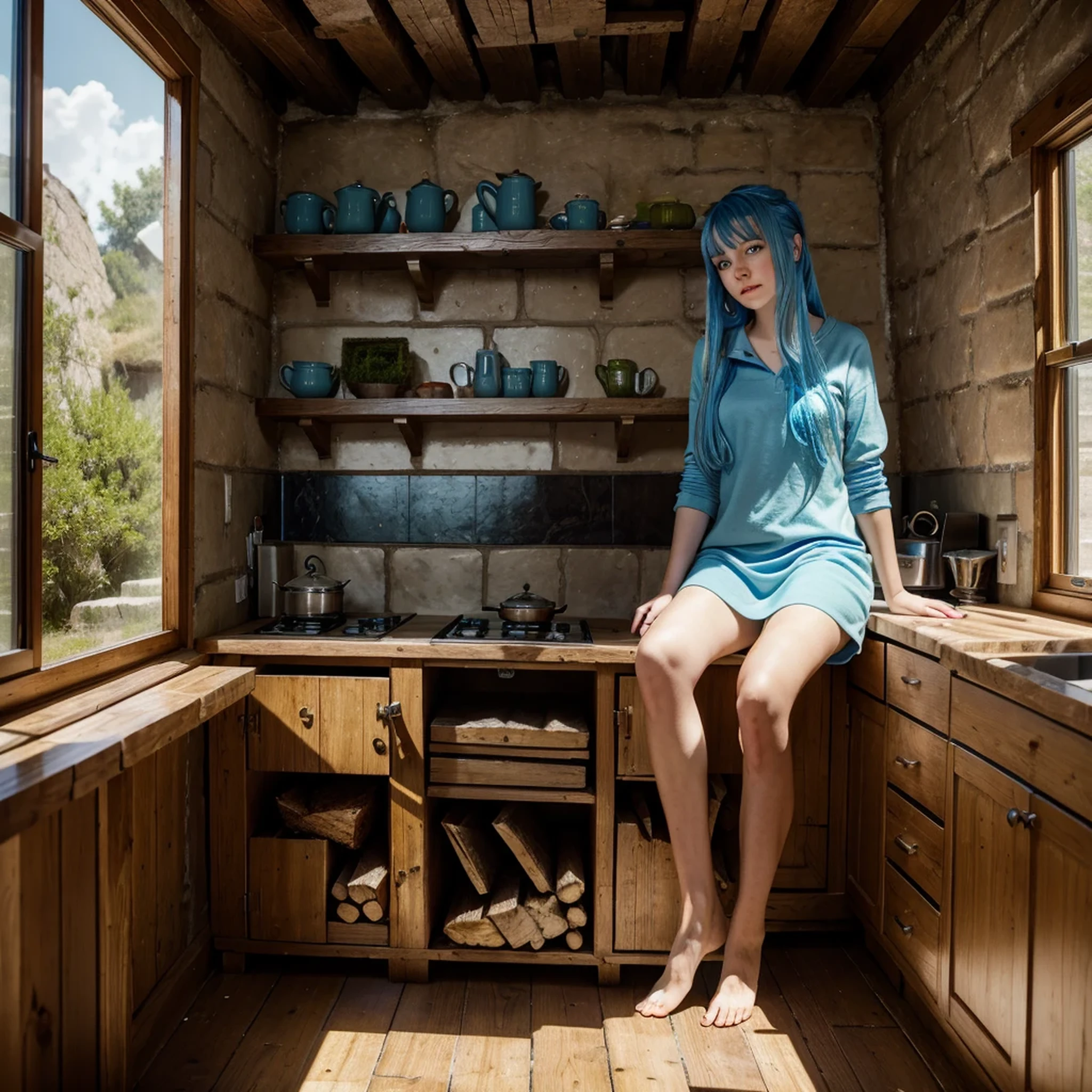 Best quality, masterpiece, ultra-high resolution, surrealism, firewood, moss piled in kitchen corner, an eighteen-year-old girl, blue hair, blue eyes,