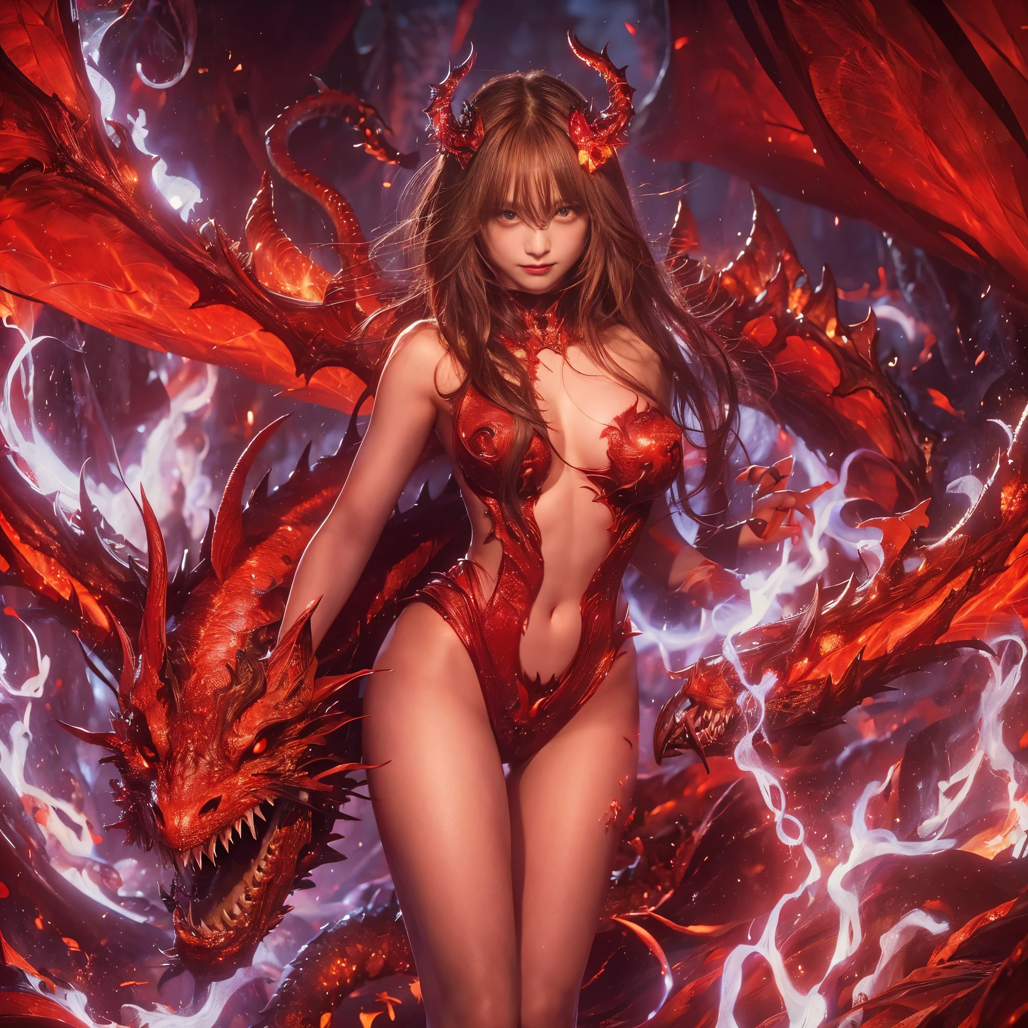 flaming red dragon girl with wings, perfect hands, golden shine, fictional figure body hands on waist, sexy movement pose