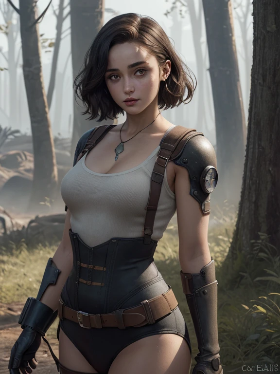 Personagem mulher estilo atompunk Fallout 4 cabelos pretos  atriz Ella Purnell com marcas de guerras Imagem de desenho animado de uma mulher .Ilustracaoo estilo desenho animado, estilo de arte dos desenhos animados, estilo de arte dos desenhos animados, digital illustration style, estilo atompunk design de personagens altamente detalhado, arte digital detalhada coragem,actress Ella Purnell with black hair slim body Forest fan art, Design de cabelos pretos personagens de retrato, beautiful digital illustration, retrato de alta qualidade, Arte em quadrinhos, s . Eyelined eyes, medium bust and wonderful sexy clothes. image expression of sexual desire from waist to head illustration atompunk style Fallout 4 The perspective is from below, enfatizando a majestade e o poder da Gigante."atriz Ella Purnell cabelos pretos