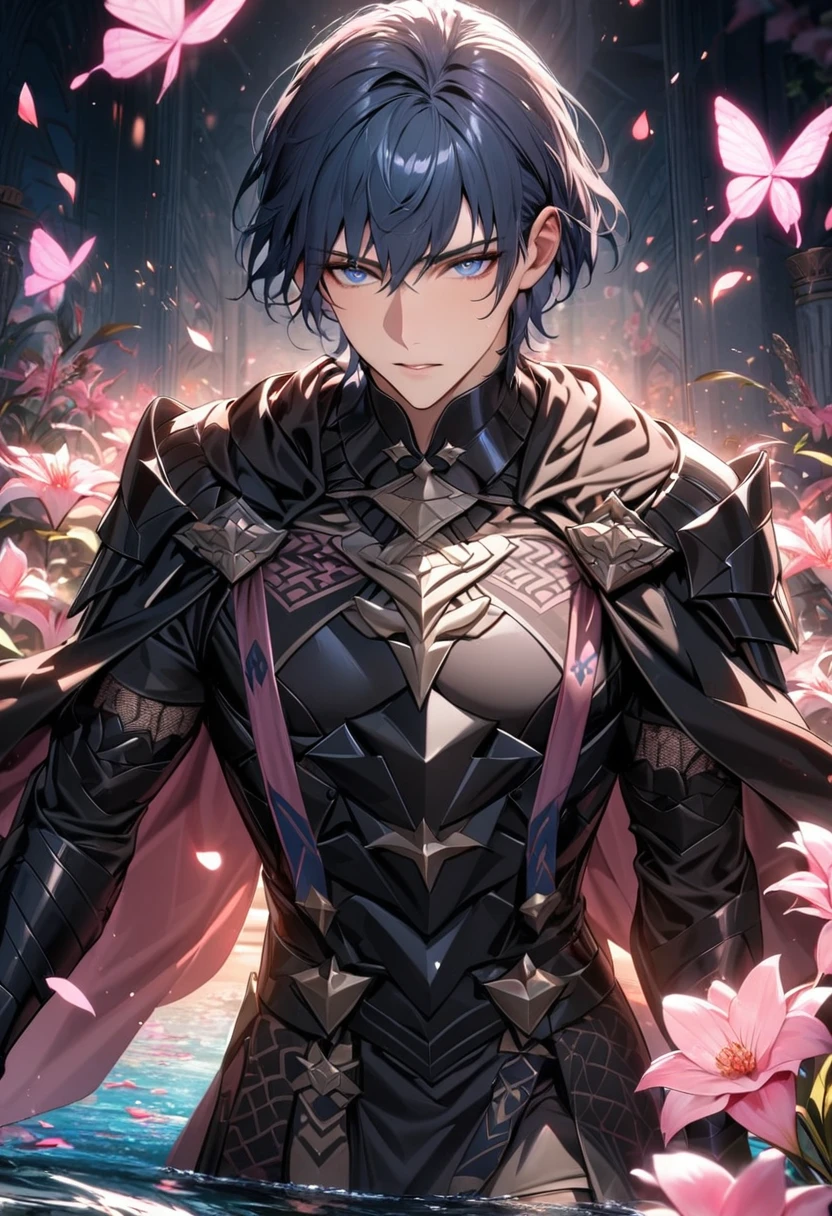 absurdres, highres, ultra detailed, HDR, master piece, best quality, Byleth, short dark blue hair, expressive blue eyes, short hair, Fire Emblem Three Houses, solo, sexy man, handsome, black cape, black armor, black gloves, patterns, pink shining butterflies, pink lilies, pink petals, water