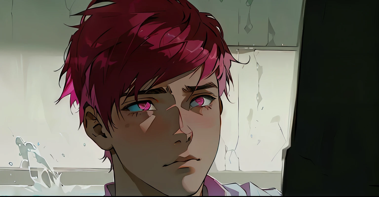 sad 16 year old boy has pink hair pink eyes watery eyes