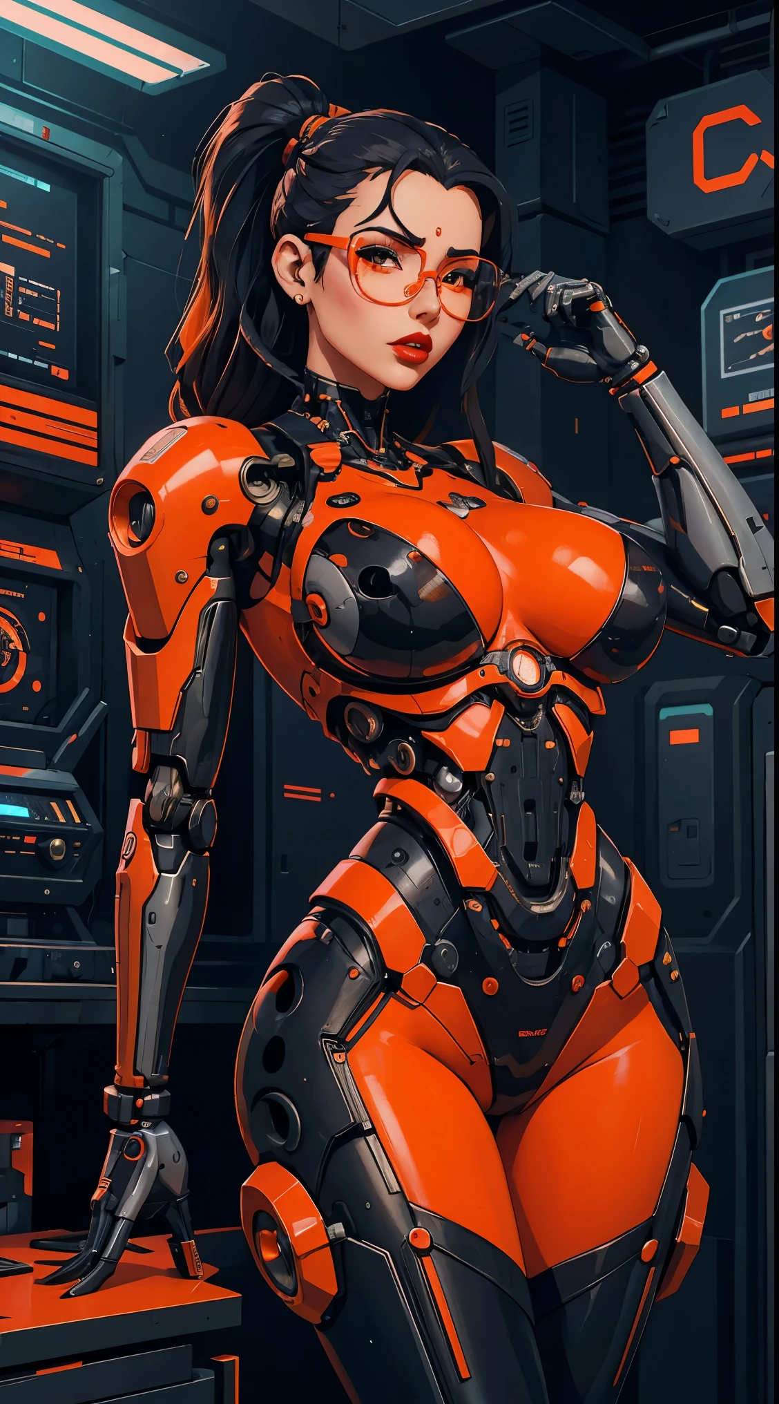 cyberpunk anime style, mulher robot prateada de 25 anos {bimbostyle, big tits, corpo voluptuoso, red lips, mechanical parts com detalhes dourados}, orange cybernetic glasses, aspecto sexy, in a futuristic laboratory