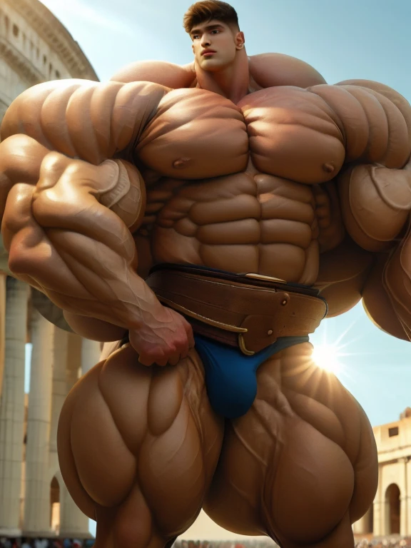 1boy, giant, model shoot style, looking at viewer, standing, illuminating light, golden hour, outdoor, strong body, bulk, swollen, buff body, large size, wide pecs, huge arms, vascular, lifting mighty mace, in the coliseum arena, belt, majestic underpants, prominent bulge, brutalmass