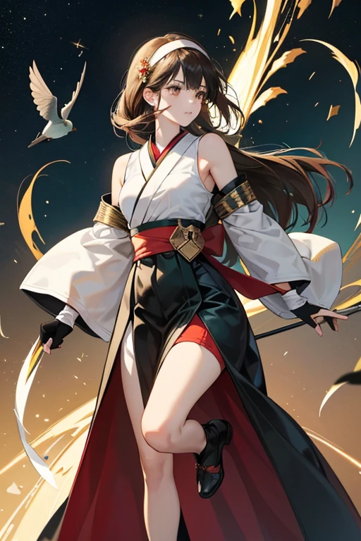 Asuka has brown eyes and chin-length brown hair in a feathered cut with a side-parted fringe. She wears black hakama with teal, white, and gold wave patterns around the hem, as well as a swallow design on the bottom of the right leg. Her kosode has a pale green design over the left shoulder and a swallow over the right. With this, she wears a white headband, black and red gloves which wrap down to her elbow, and black, red, and gold foot wraps. SPARKLE; GLITTER