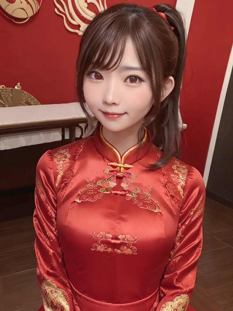 Red dress,Chinese clothing,china dress,brown hair, hair over shoulder, ponytail, grin, blush, Surrealism, Hyperrealism, Verism, wide shot, UHD, masterpiece, ccurate, anatomically correct, textured skin, super detail, high details, high quality, highres, 1080P, HD, 8k