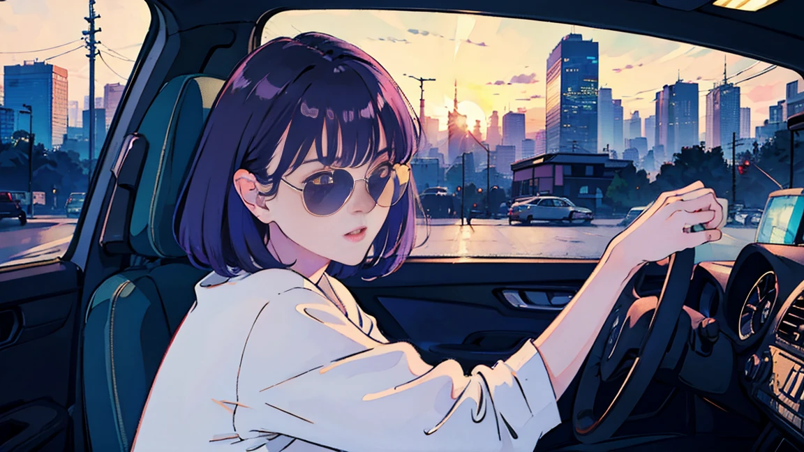 car、Inside the car、driving seat、Beautiful Asian girl with purple hair, View of the city from the window, Perfect Face, sunglasses, No sleeve, Neon Black, (Backlight: 1.1), Hard Shadows, masterpiece, highest quality, Complex, Model shooting style, Vintage, Film Grain, Incomplete details