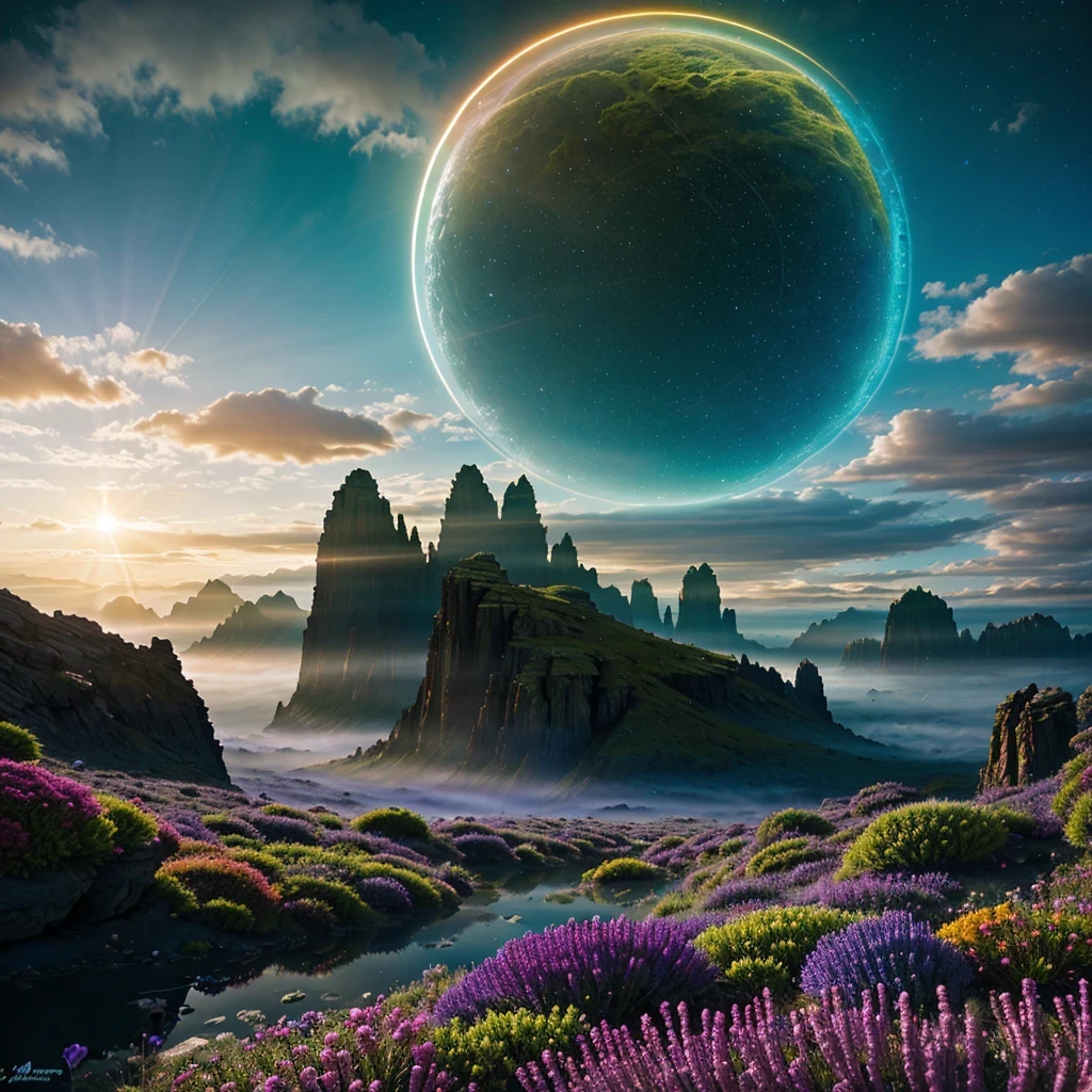 Alien Landscape,abstract art,futuristic elements,vibrant colors,otherworldly atmosphere,ethereal lighting,organic shapes,unique materials,highly detailed vegetation,alien plants and flowers,otherworldly creatures,holographic projections,mysterious structures,extraterrestrial sky,enhanced digital effects,quantum energy,deep space,intergalactic travel,alien civilization,surreal scenery,cosmic perspective,alien sunsets,shimmering lakes,multidimensional experience