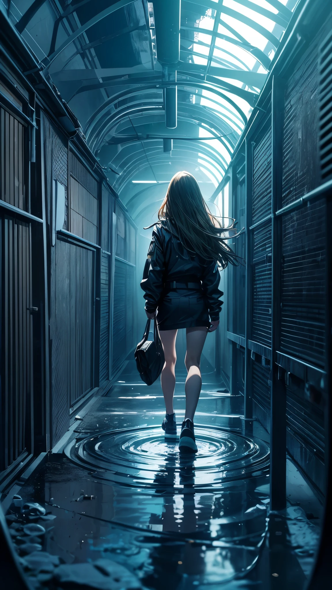 (highest quality, High resolution, Vibrant colors, Realistic), (Inside a giant maze made from a pool), 1 girl, 20-year-old female, Wearing military-style clothing, Short blonde, walk through the maze, Mysterious lighting, 非Realisticな雰囲気, Reflection Pool, Towering walls, complicated route, Distorted reflections, hidden passage, Quiet and eerie, A sense of adventure, Expectations, expedition, A twist that bends the heart, Unexpected Encounter, Isolation, vast and infinite, Immersive Experience, Escape to another world, A surreal journey