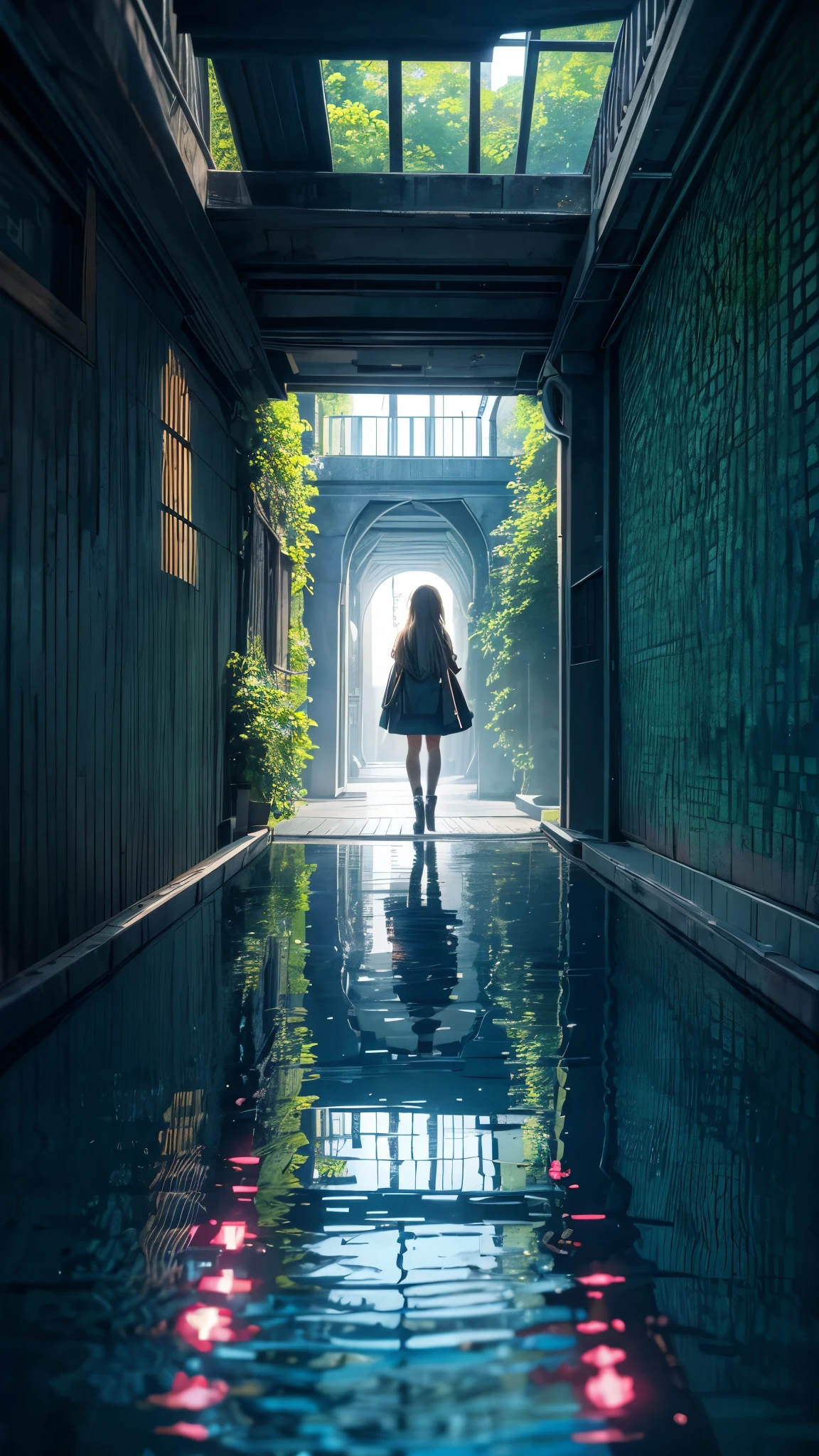 (highest quality, High resolution, Vibrant colors, Realistic), (Inside a giant maze made from a pool), 1 girl, 20-year-old female, Wearing military-style clothing, Short blonde, walk through the maze, Mysterious lighting, 非Realisticな雰囲気, Reflection Pool, Towering walls, complicated route, Distorted reflections, hidden passage, Quiet and eerie, A sense of adventure, Expectations, expedition, A twist that bends the heart, Unexpected Encounter, Isolation, vast and infinite, Immersive Experience, Escape to another world, A surreal journey