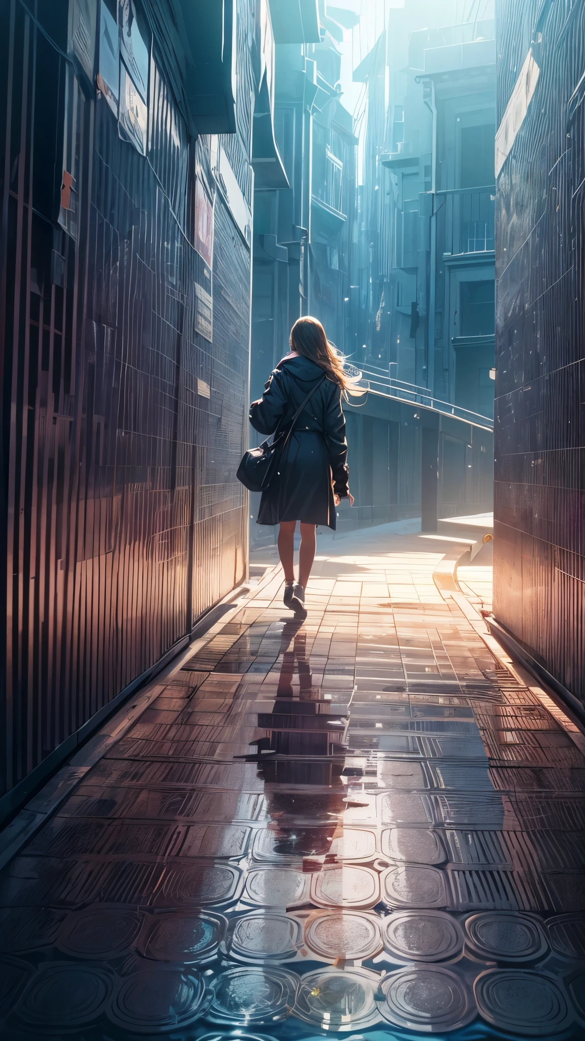 (highest quality, High resolution, Vibrant colors, Realistic), (Inside a giant maze made from a pool), 1 girl, 20-year-old female, Wearing military-style clothing, Short blonde, walk through the maze, Mysterious lighting, 非Realisticな雰囲気, Reflection Pool, Towering walls, complicated route, Distorted reflections, hidden passage, Quiet and eerie, A sense of adventure, Expectations, expedition, A twist that bends the heart, Unexpected Encounter, Isolation, vast and infinite, Immersive Experience, Escape to another world, A surreal journey