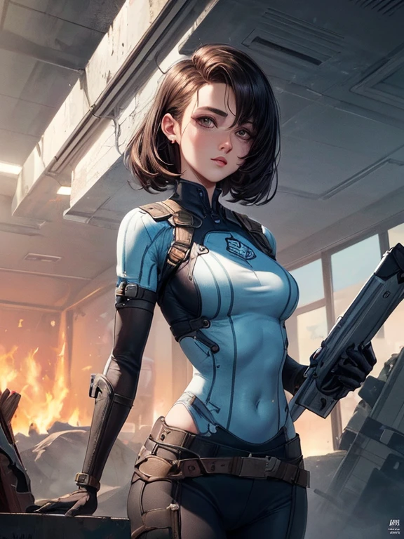 Samus aran, large breast, big ass, zero suit, gun, Standing on board a spaceship, spaceship, detailed panting