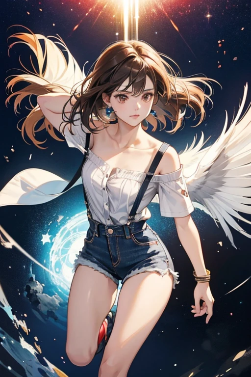 Asuka has brown eyes and chin-length brown hair in a feathered cut with a side-parted fringe. She wears a white, short-sleeved button-up shirt with two blue lines down the center at the opening, around the hem, and around each cuff. She has a blue swallow design on the left side of her shirt, and underneath is a red strapless top. With this, she wears blue denim short shorts with the waistband unbuttoned and folded down, brown suspenders on each side of her waist, and gray, black, and red armored boots with a single star design at the front and stars on the side of each ankle. She also wears dark blue fingerless gloves with black and white straps that have a single white star on each, and silver studs on the back of each finger as well as the the inner palm of each glove. SPARKLE; GLITTER