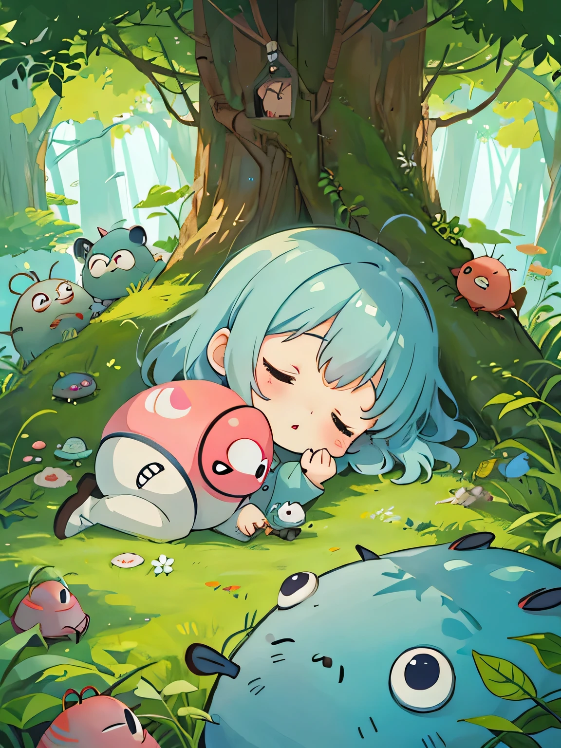hayao miyazaki style, Kawaii Design, The most beautiful girl of all time、Chibi, Cute and colorful pillbugs、sleeping together、Lots of pillbugs、Totoro Forest