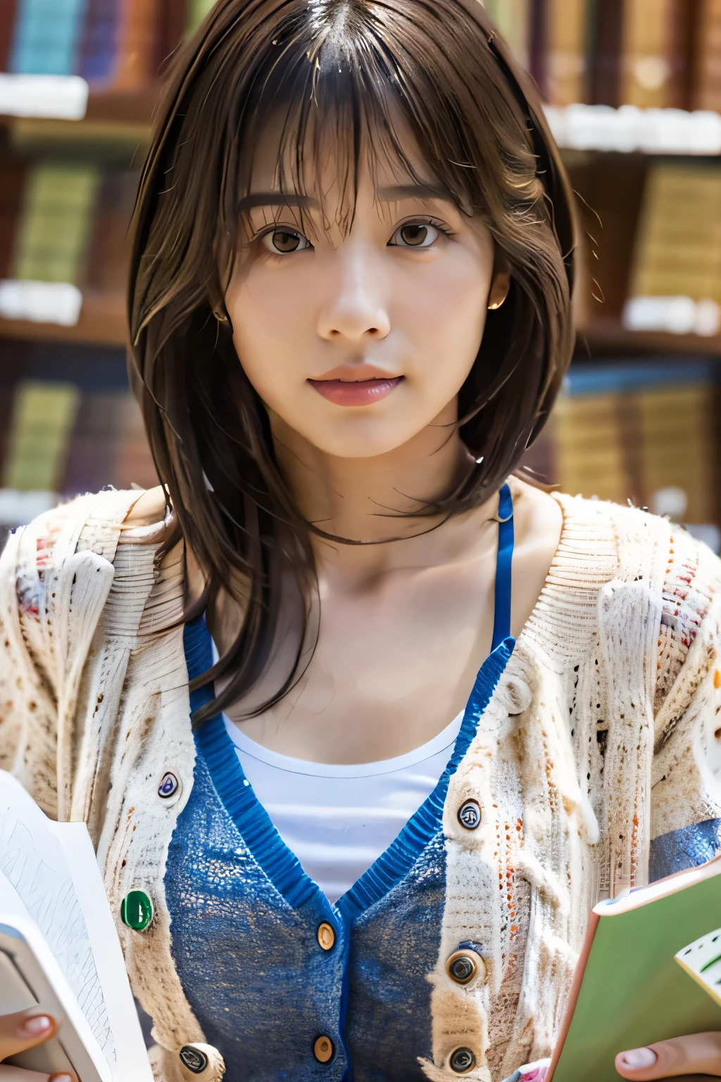 highest quality, Photorealistic, Very detailed, finely, High resolution, 8K Wallpaper, Professional, High level of detail, ((One 18 year old girl:1.2)), Slender Japanese women,Pretty lips, (Beautiful long lashes:1.2)、Detailed clavicle, Perfect Face, (Cute short bob hair:1.5),Top Quality,Ultra-clear resolution,Clear Eyes,Sunburned skin,Perfect large breasts,have perfect legs,Focus on the legs,(studying in the library:1.5)、(Serious look:1.5)、(T-shirt and cardigan:1.2)
