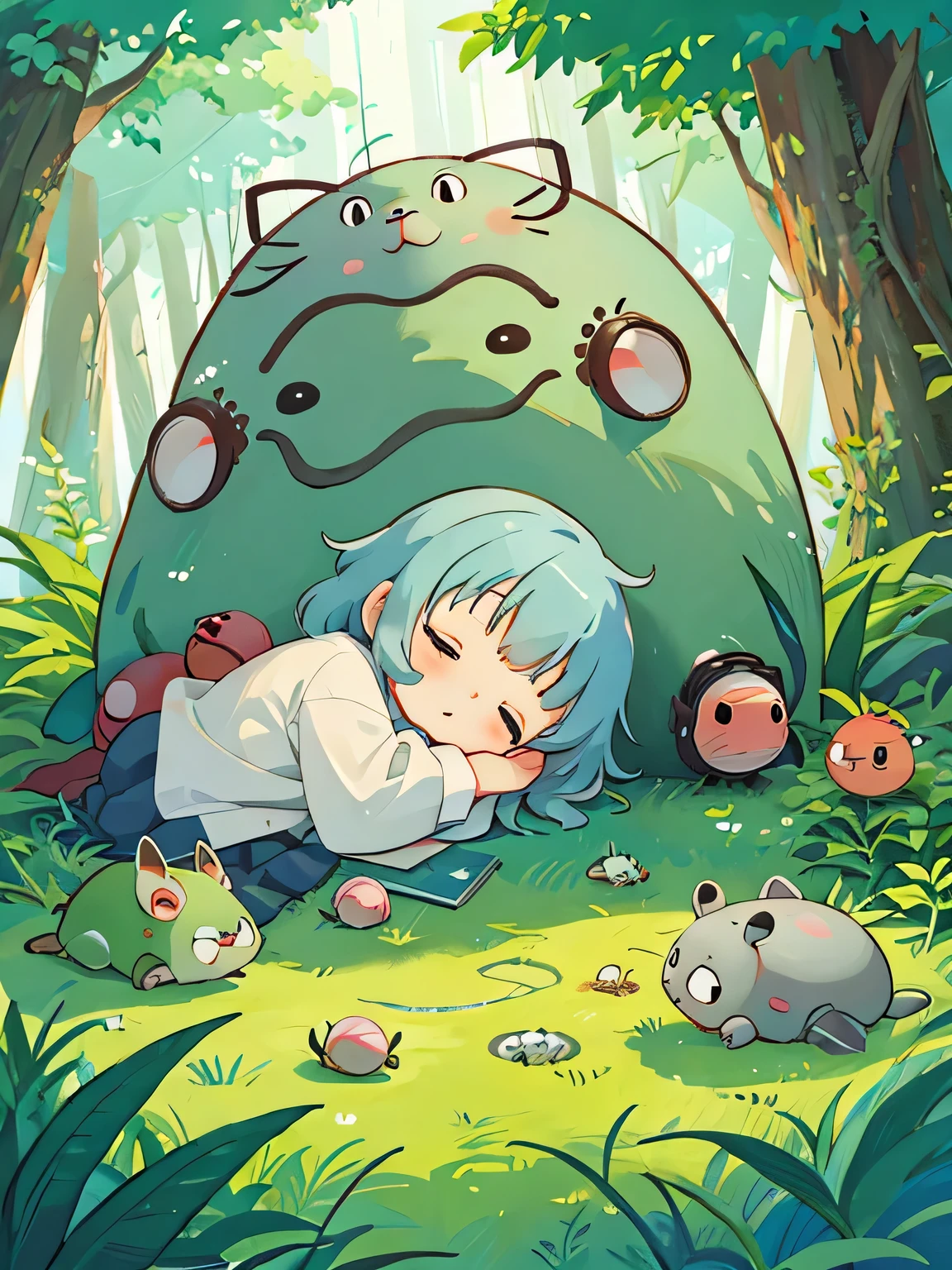 hayao miyazaki style, Kawaii Design, The most beautiful girl of all time、Chibi, Cute and colorful pillbugs、sleeping together、Lots of pillbugs、Totoro Forest