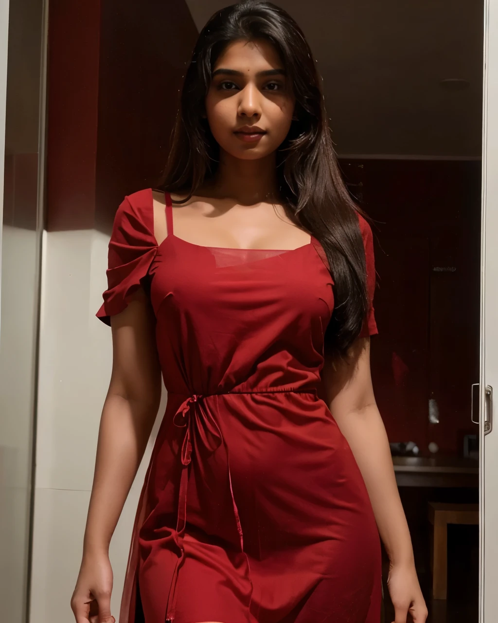 Woman in red shirt and black pants posing for a photo., con hombreras, in a red dress from the Victorian era, en un vestido rojo, carmen electra, foto en color de los 90, 1996, 1 9 9 6, mirada sexy encantada, 1995, 1 9 9 5, 1 9 9 7, 1997