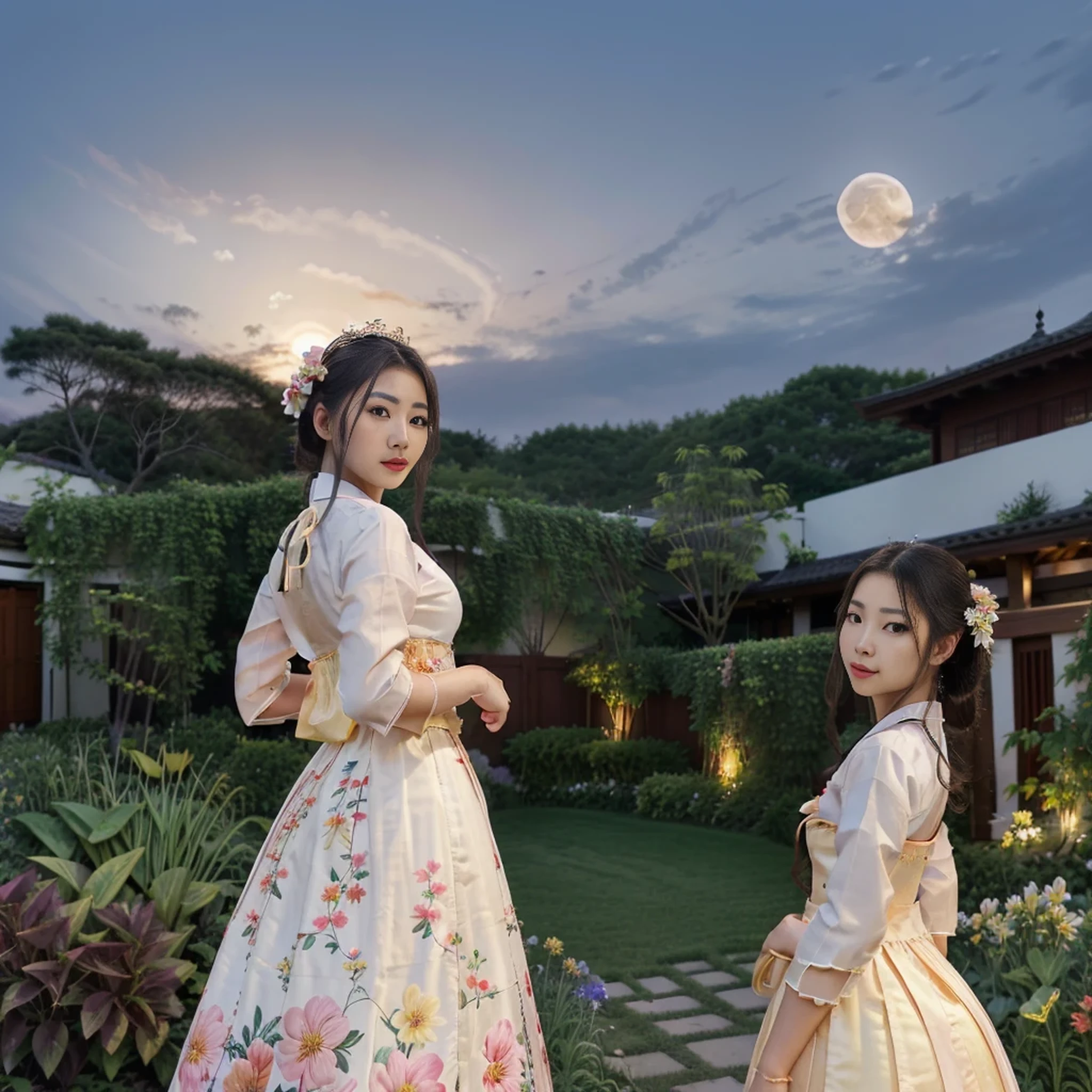 best quality, high_resolution, distinct_image, detailed background ,girl, hanbok,flower,garden,moon, night,dutch angle, wide shot, crown,