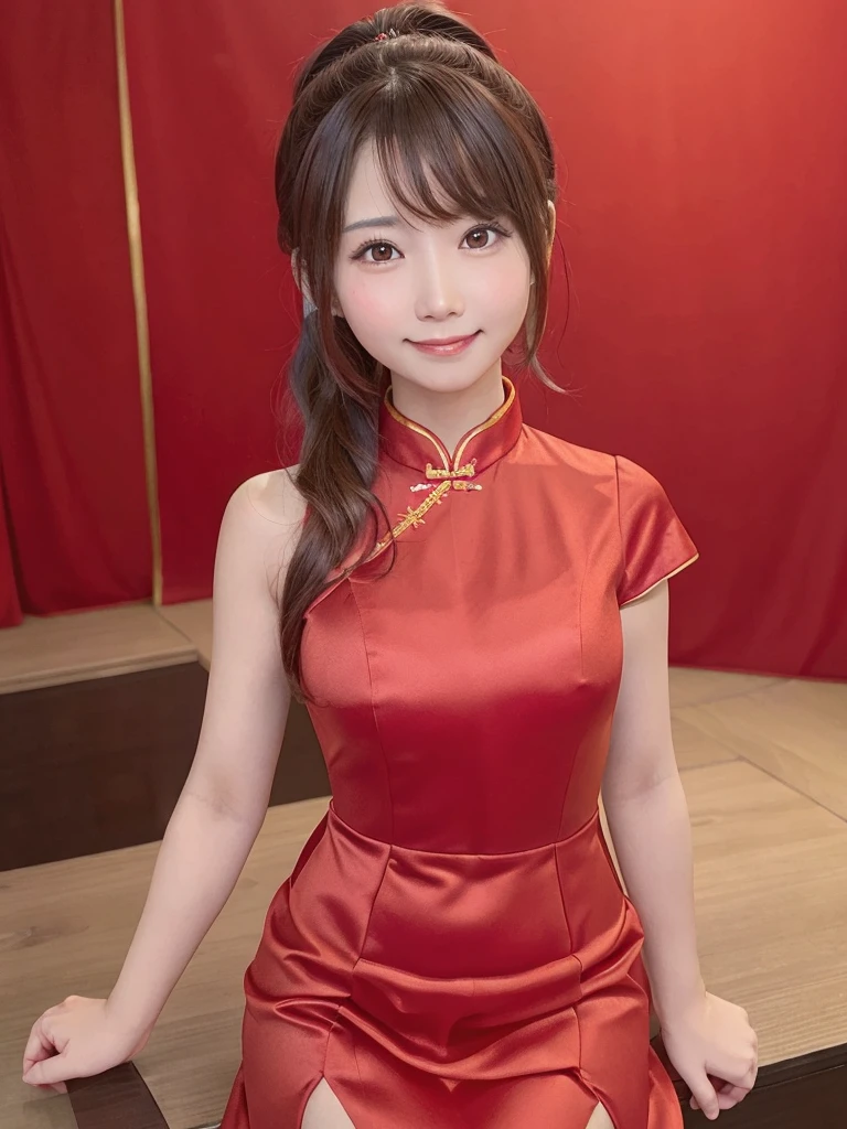 Red dress,Chinese clothing,china dress,brown hair, hair over shoulder, ponytail, grin, blush, Surrealism, Hyperrealism, Verism, wide shot, UHD, masterpiece, ccurate, anatomically correct, textured skin, super detail, high details, high quality, highres, 1080P, HD, 8k