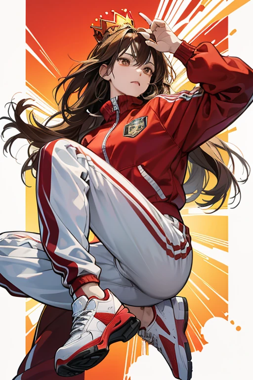 Asuka has brown eyes and chin-length brown hair in a feathered cut with a side-parted fringe. Asuka's Preset D outfit is her Snoop Lion collaboration outfit. It consists of a white tracksuit with a high neck red collar, red lines down the sleeves, red trim along the zipper, red pockets, and red lines down the outer side of the pant legs. On the left of the chest is an emblem with the Rastafari flag colors containing a gold, stylized lion wearing a crown with matching colors to the emblem and the words "Snoop Lion" above it. On the back of the tracksuit jacket is the same emblem but enlarged to cover the upper back. In this outfit, Asuka wears light blue jogging shoes with gray accents, white laces, and white soles. SPARKLE; GLITTER