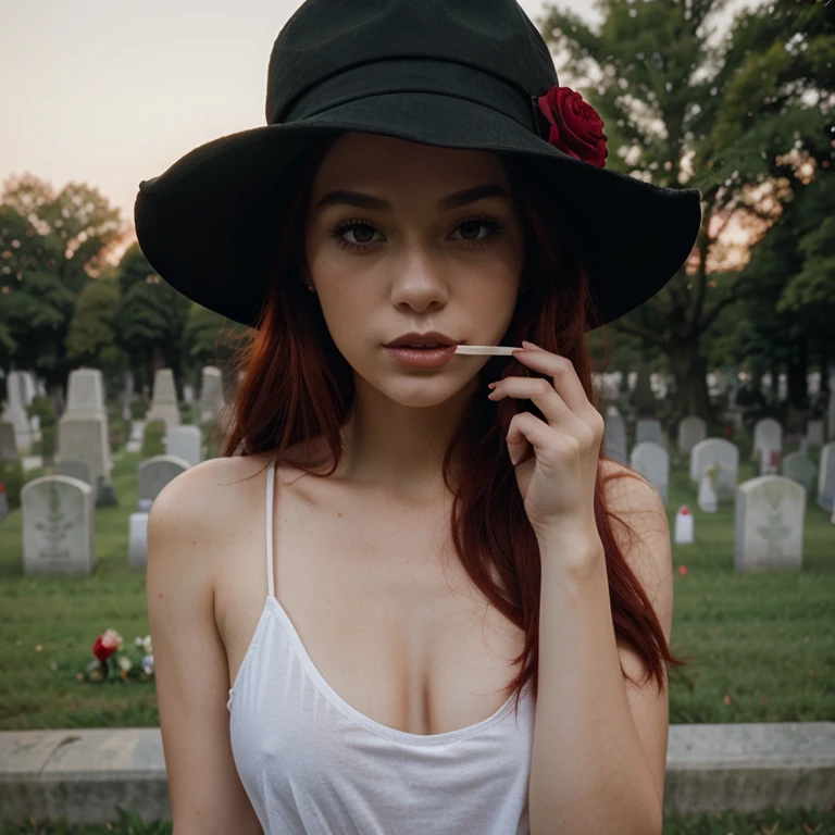 A beautiful girl with 1 rose in her red hair wearing a black hat and 1 cigarette in her mouth in a cemetery