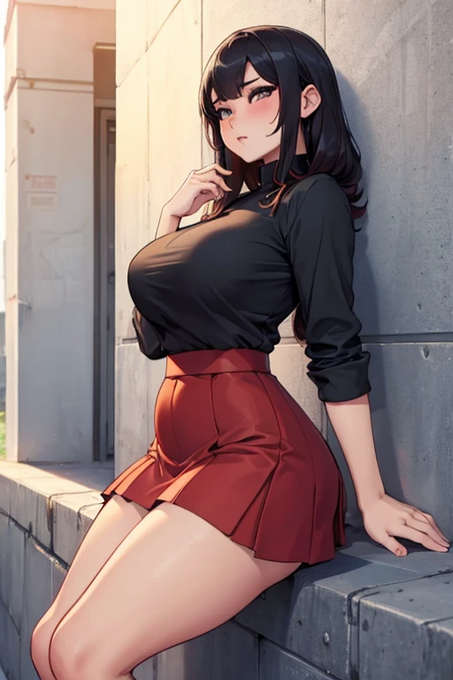 a hot asian girl with big and wide hips wearing a tiny skirt and leaning on a wall sedusively and blushing