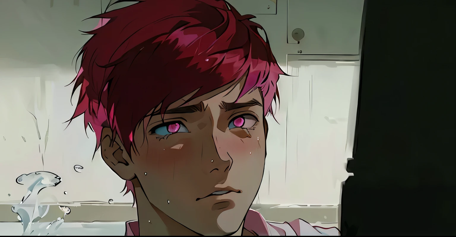 sad 16 year old boy has pink hair pink eyes watery eyes