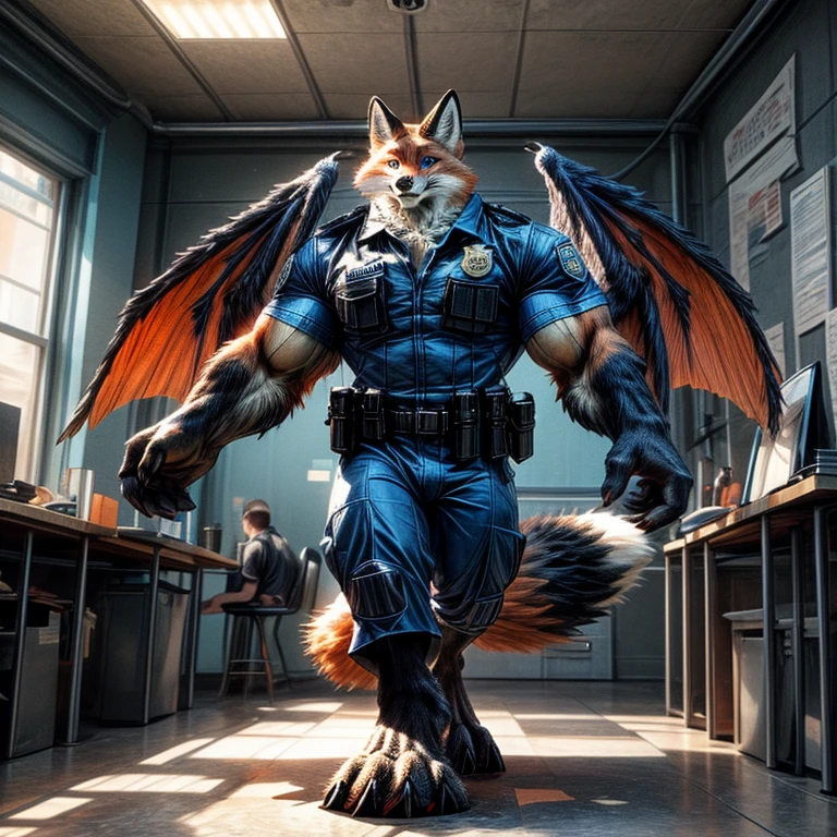 (((anthro muscle red fox, blue eyes, brown forearm, whiskers, black stripe on muzzle))), ((blue fez The red wings)), in a (police station). (((human legs))), ((big paws)), (shocked expression), ((gign uniform)), broad shoulders, big biceps, big pecs, big thighs, hyper giant bulge (((big feet))), (detailed fox face), male focus, detailed eyes, high quality, best quality, concept art, photorealistic