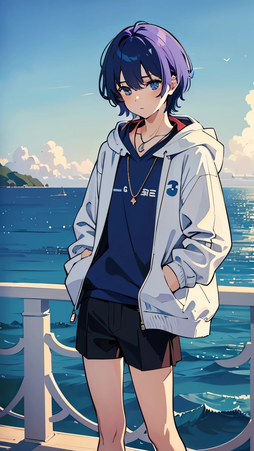 最high quality, masterpiece, High resolution, One boy, If, White hoodie, necklace, Beautiful Face, Berry Short, Cobalt blue hair, few々Blue sky with clouds, Background is the sea, Standing on the ocean liquid, Dark Studio, Rim Light, Two-tone lighting, (Skin with attention to detail:1.2), 8K Ultra HD,  Soft lighting, high quality, Volumetric lighting, Frank,   4K, 8k, Bokeh, Anime Style