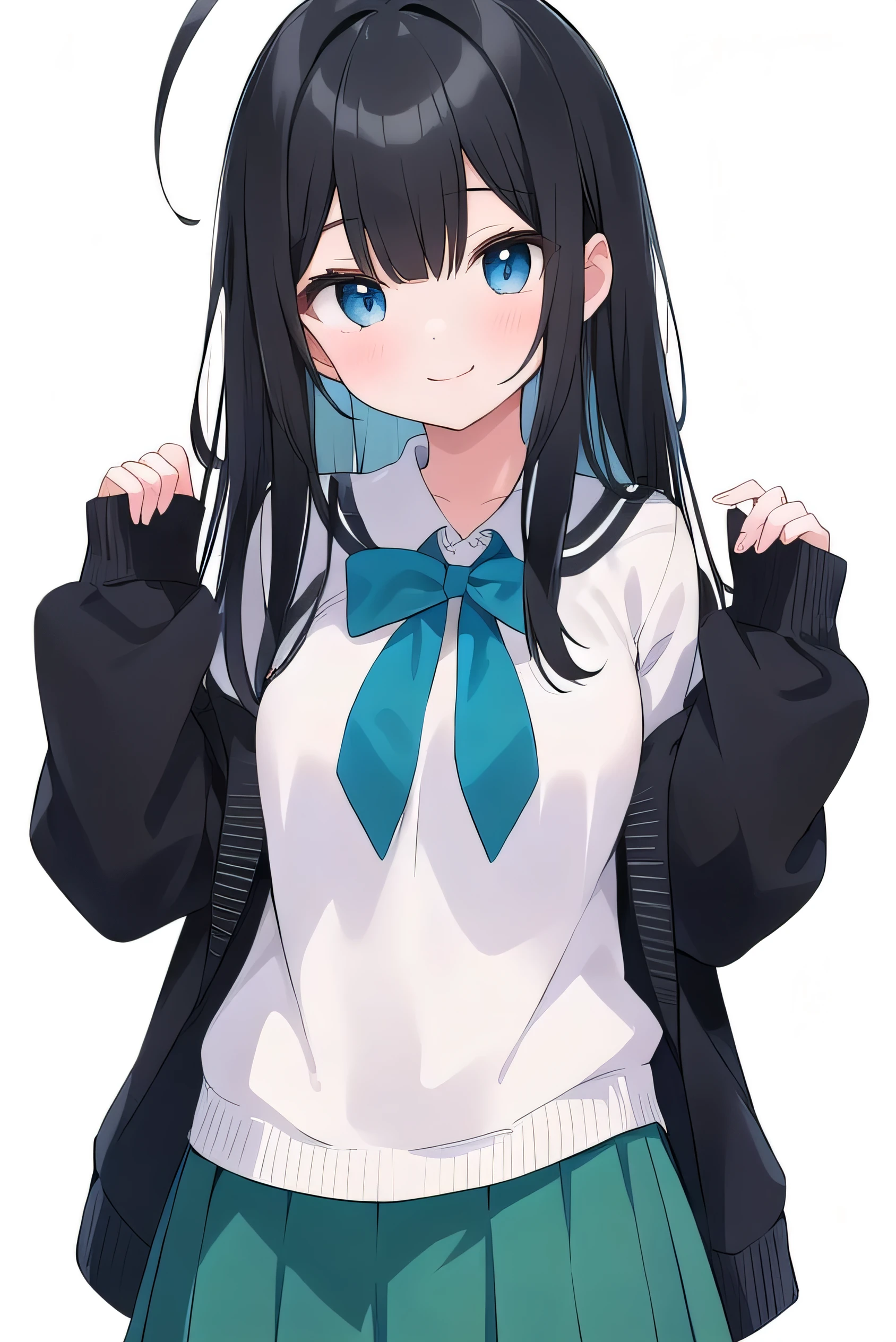(masterpiece、Top image quality、High Quality Score:1.3)、(Sharp image quality)、flawless beauty: 1.5、Dark-haired hair、White leotard、a beauty girl、cute little、The best smile、(No background)、(Pure whitesBackground with)、(put up index finger)、、perfectly proportions,One Woman、、Dark blue pleated skirt、