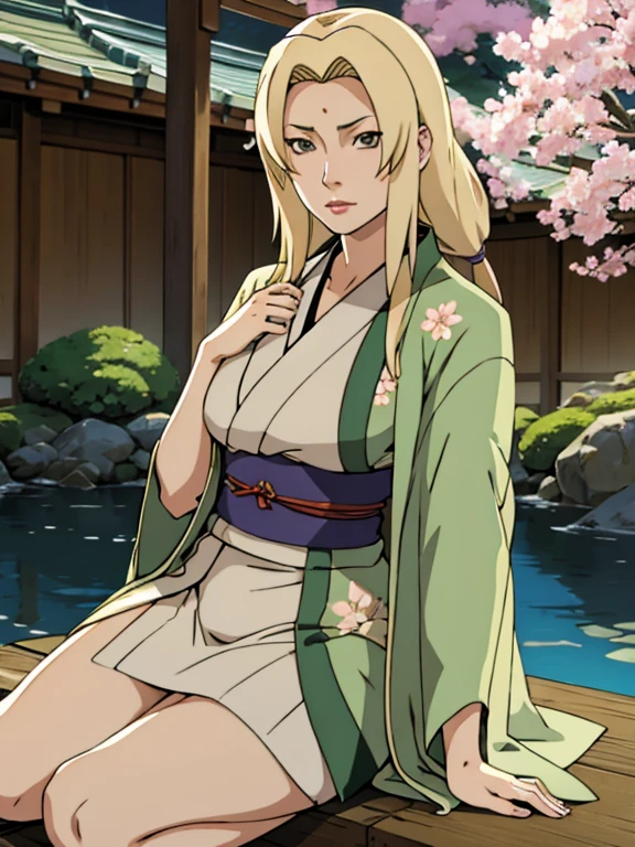 Tsunade, blonde, flowery kimono, cloak, japanese garden