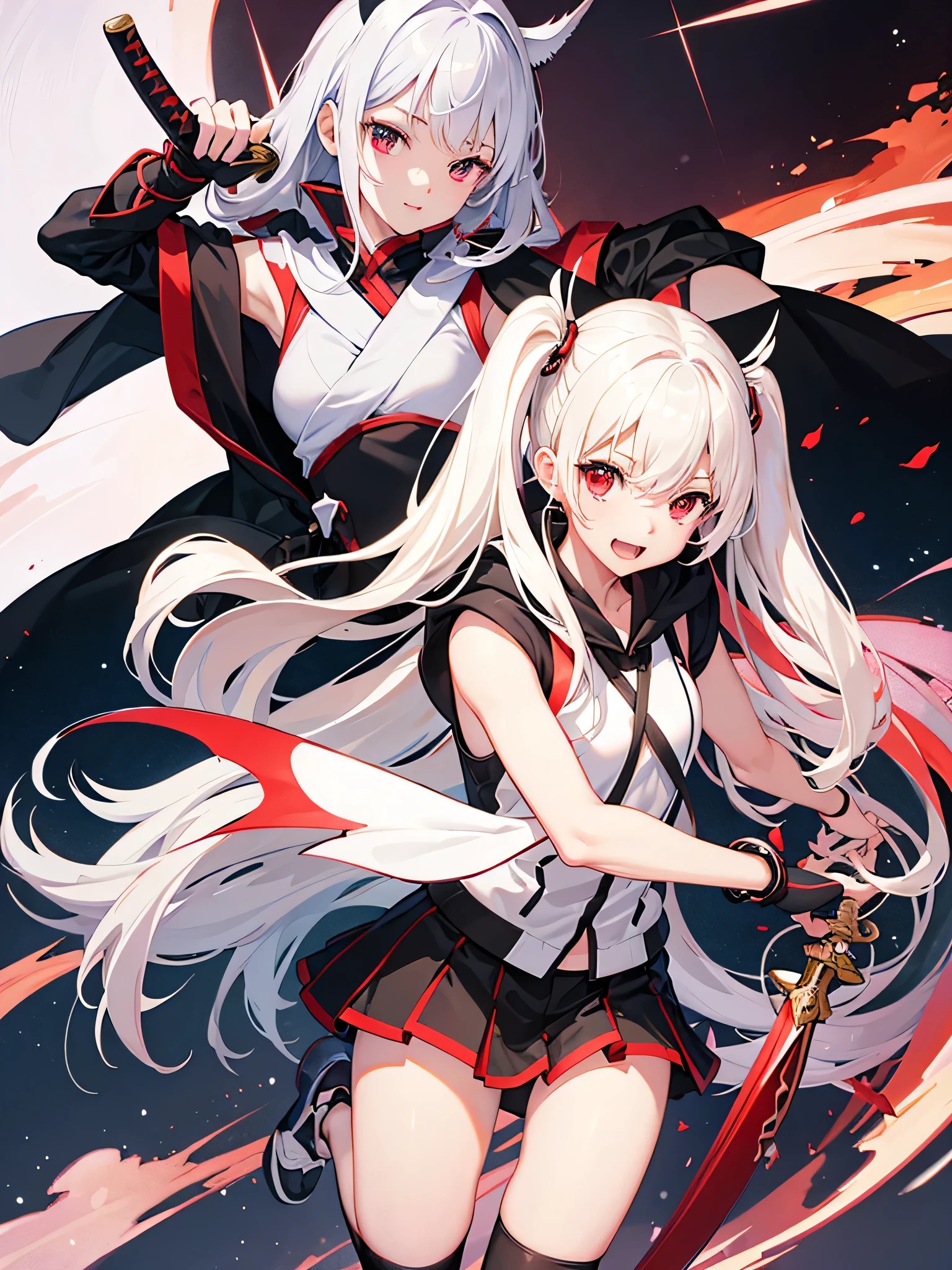 highest quality、Realistic、Women、Japanese、zoom、look up、cute、Invincible laughter、Red eyes 、Platinum Blonde Hair、long twin tails、tooth、Big Bat Wing on the back、長いSword in one hand、黒い sleeveless hoodie、mini skirt、slender、Small breasts