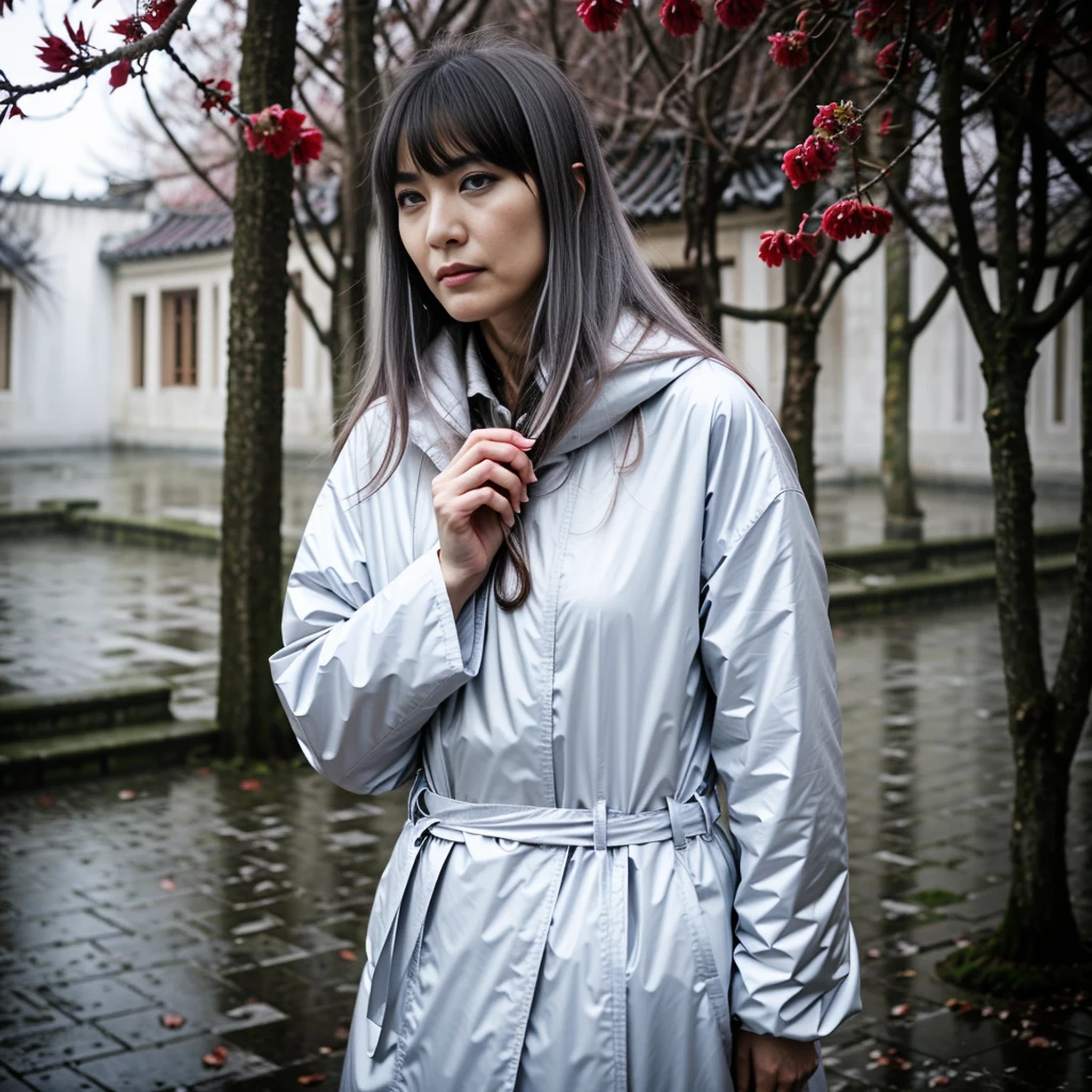 Masterpiece, best quality, night, outdoors, rainy days, branches, Chinese style, ancient China, 1 woman, mature woman, silver white long haired woman, gray blue eyes, light pink lips, cold, serious, weak, bangs, assassins, short knives, white clothes, black clothing patterns, blood stains, blood, injuries, blood on the face, blood on the clothes, rain, fine face, fine face