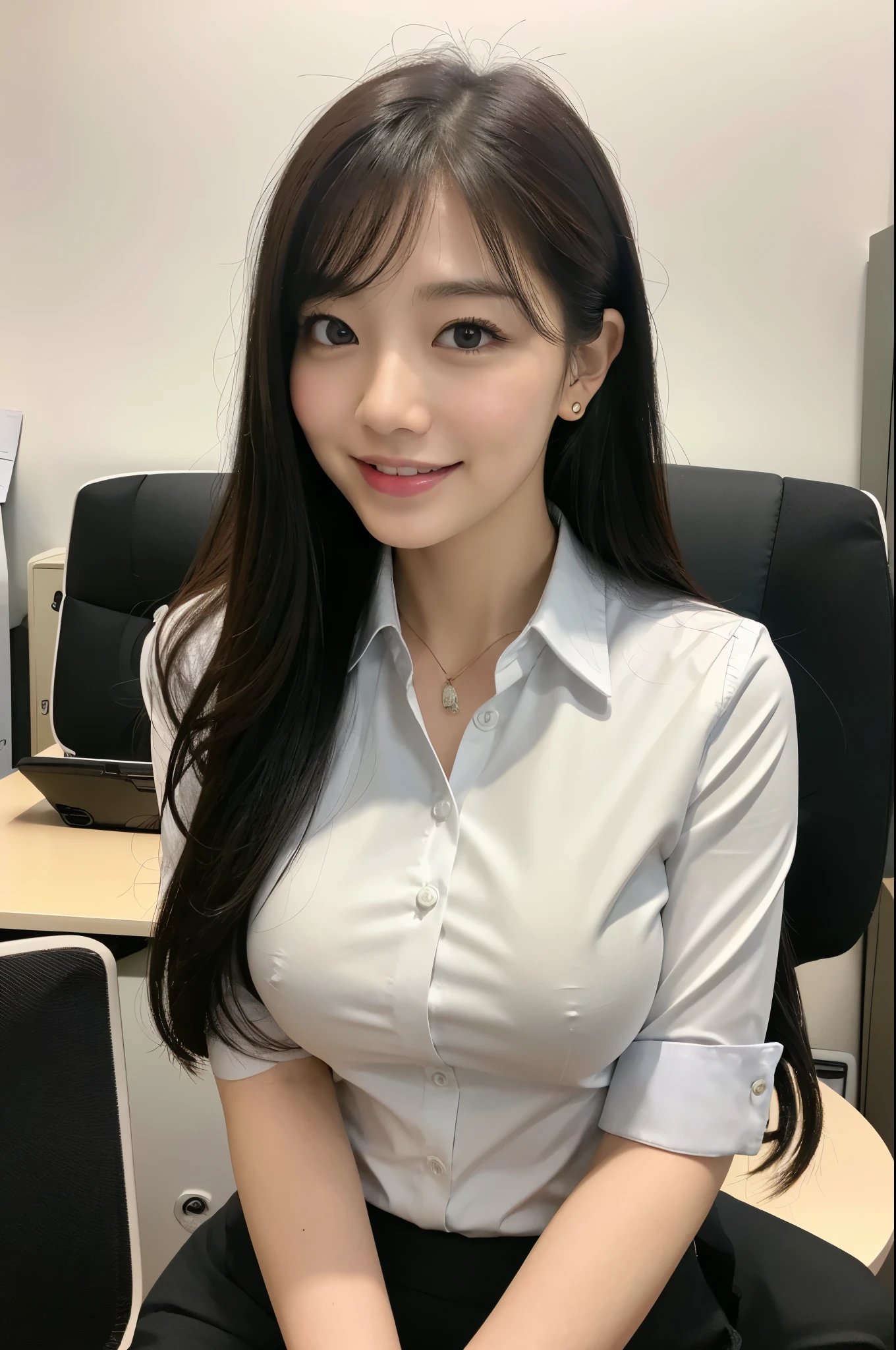 (Natural background), masterpiece, highest quality, shape, Very detailed, finely, High resolution, 8k wallpaper, Perfect dynamic shape, Finely beautiful eyes, Big Breasts, Natural color lip, Strike a mischievous pose, smile, ((office)), Full Body Shot, Long Hair, ((working office uniform)), (dark), Thinking Ahead, Sit on a chair