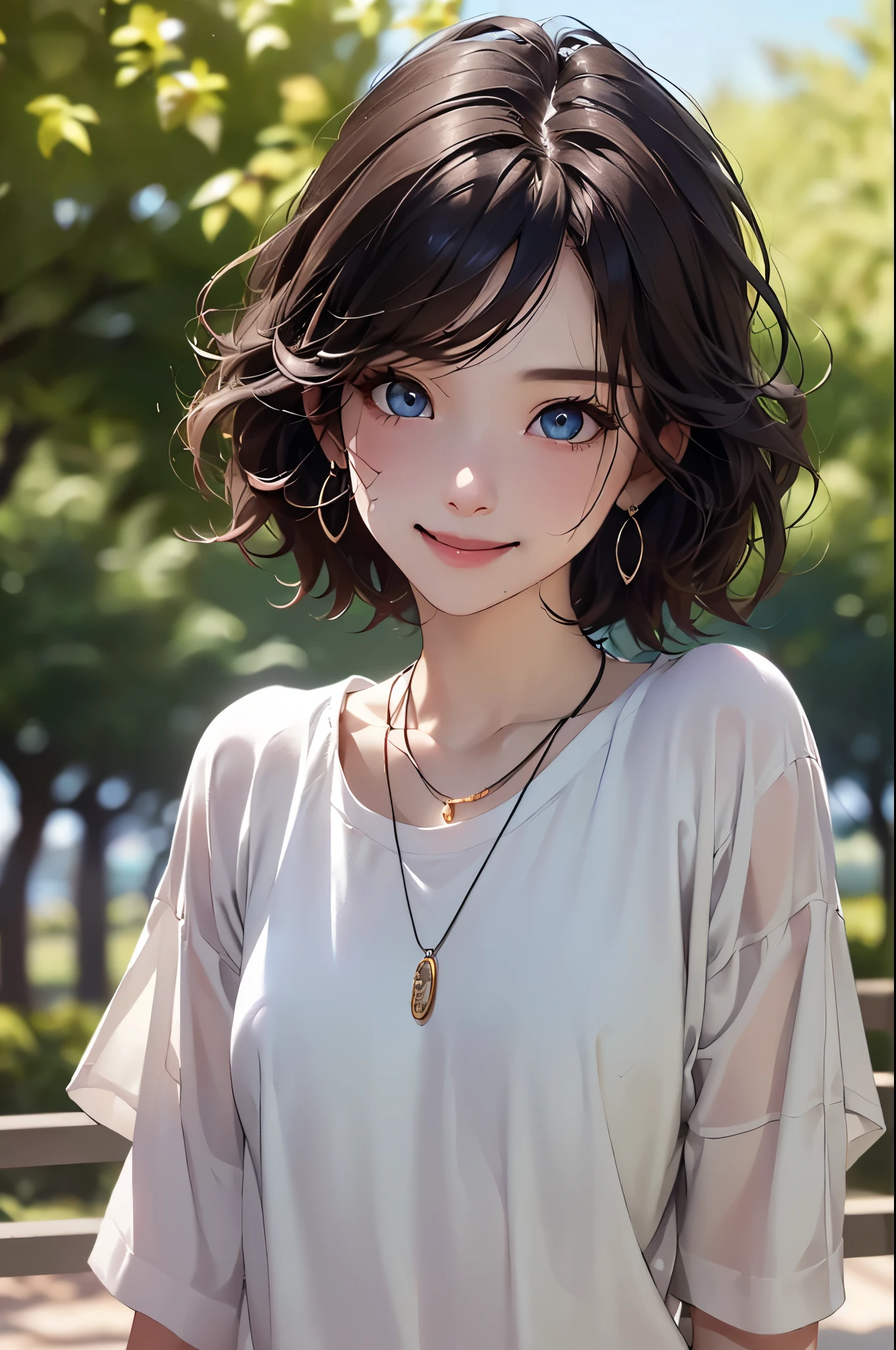 ((Biologically correct limb count))、((Full Body Shot, Full-body photo including face))、4K、masterpiece、((Focus on the face))、((Symmetrical facial features))、Eyes of meticulous depiction、Beautiful woman、Excellent style、Beautiful feet、(High heels)、Facial detailing、Small earrings、necklace、((Close-up photo of the upper body))、(Upper body T-shirt、Shorts)、Park scenery on a holiday morning、A big smile、sweating、Running Scene、