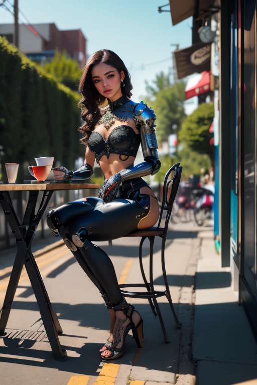 Woman-robot sitting at a table in a sidewalk cafe, best quality, high quality, absurdres, masterpiece, beautiful, intricate details, 1/2 body crop, slim body, beautiful figure, magnificent anatomy, (intricate details:1.12), HDR, (intricate details, hyper-detailing:1.15), (natural skin textures, hyper realisitc, soft light, Sharp:1.2)