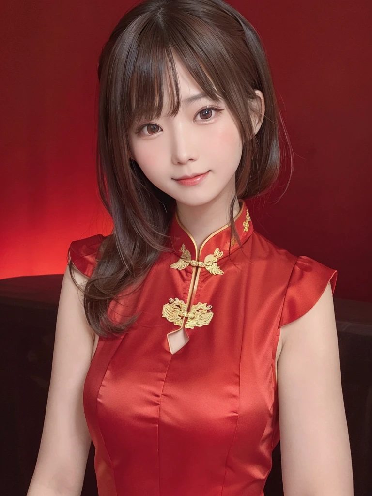 Red dress,Chinese clothing,china dress,brown hair, hair over shoulder, 21years old woman, grin, blush, Surrealism, Hyperrealism, Verism, wide shot, UHD, masterpiece, ccurate, anatomically correct, textured skin, super detail, high details, high quality, highres, 1080P, HD, 8k