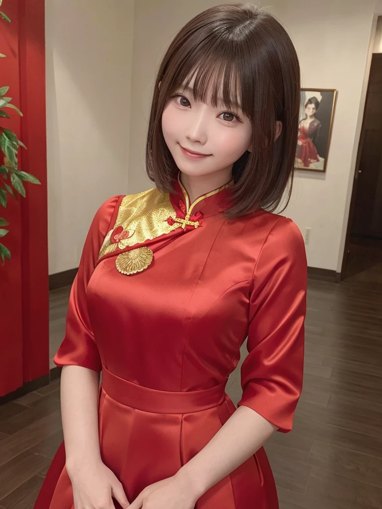 Red dress,Chinese clothing,china dress,brown hair, hair over shoulder, 21years old woman, grin, blush, Surrealism, Hyperrealism, Verism, wide shot, UHD, masterpiece, ccurate, anatomically correct, textured skin, super detail, high details, high quality, highres, 1080P, HD, 8k