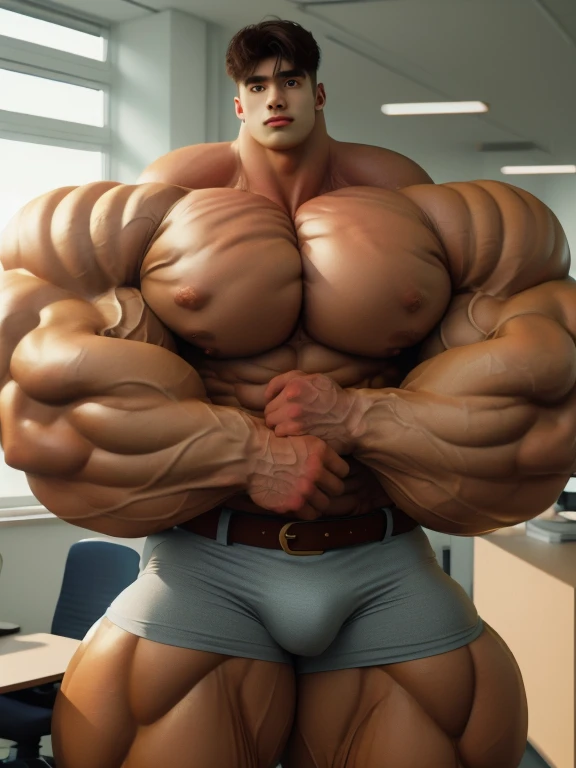 1boy, giant, model shoot style, looking at viewer, standing, illuminating light, golden hour, outdoor, strong body, bulk, swollen, buff body, large size, wide pecs, huge arms, vascular, posing, in the office room, belt, majestic underpants, prominent bulge, brutalmass