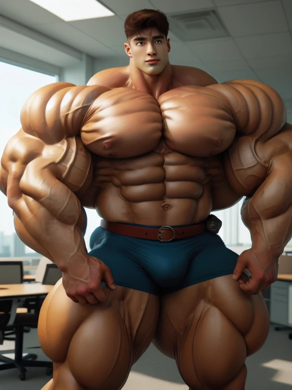 1boy, giant, model shoot style, looking at viewer, standing, illuminating light, golden hour, outdoor, strong body, bulk, swollen, buff body, large size, wide pecs, huge arms, vascular, posing, in the office room, belt, majestic underpants, prominent bulge, brutalmass